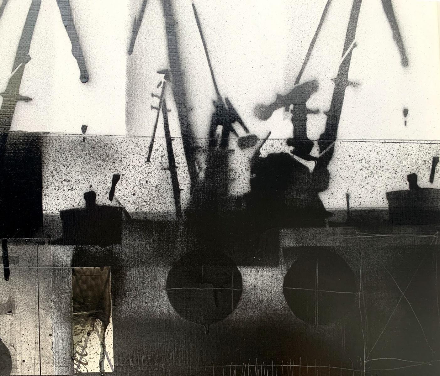 Cranes 4 - Schwarz-Weiß-Gemälde, Mischtechnik, Collage, Polnische Kunst (Abstrakt), Painting, von Lukasz Fruczek