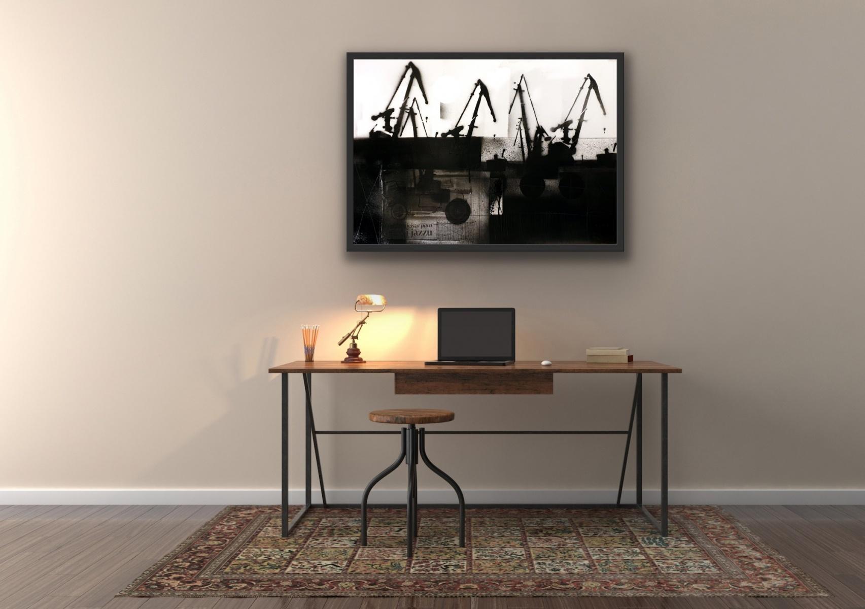 Cranes 4 - Schwarz-Weiß-Gemälde, Mischtechnik, Collage, Polnische Kunst im Angebot 3