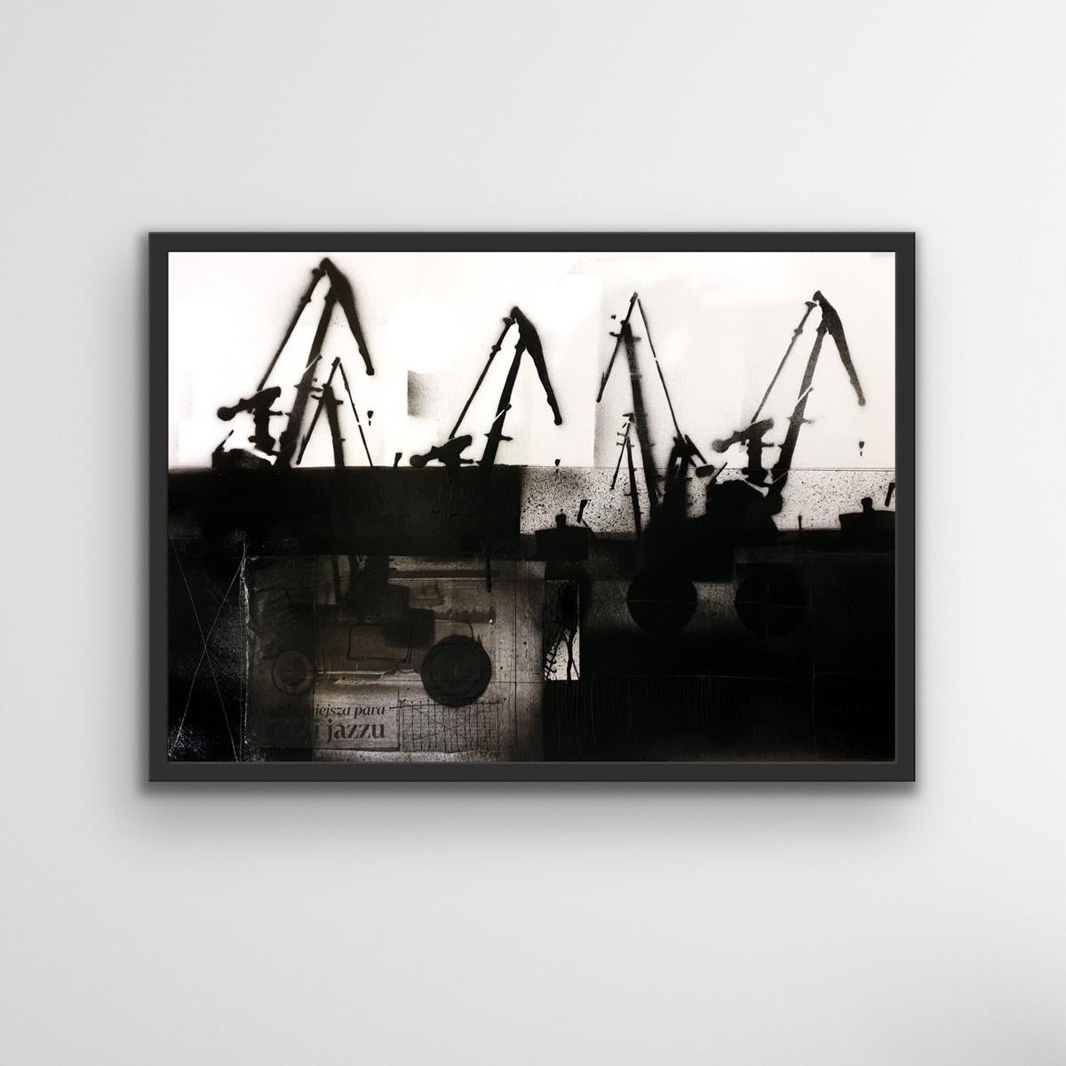 Peinture Cranes 4 - Peinture en noir et blanc, techniques mixtes, collage, art polonais en vente 3