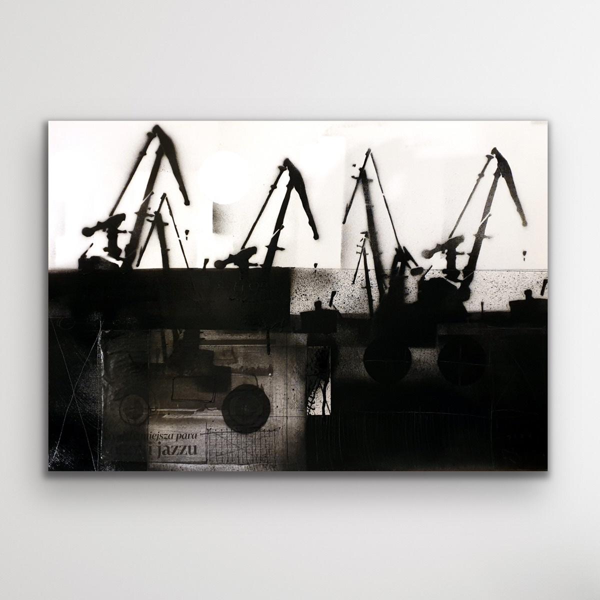Cranes 4 - Schwarz-Weiß-Gemälde, Mischtechnik, Collage, Polnische Kunst im Angebot 5
