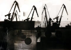 Cranes 4 - Black & white painting, Mixed media, Collage, Polish art
