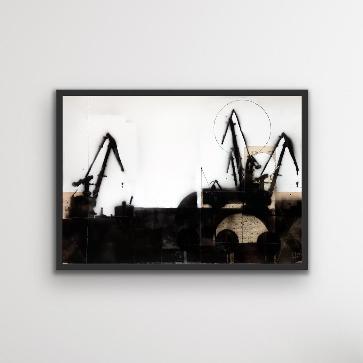 Cranes 5 - Schwarz-Weiß-Gemälde, Mischtechnik, Collage, Polnische Kunst – Painting von Lukasz Fruczek
