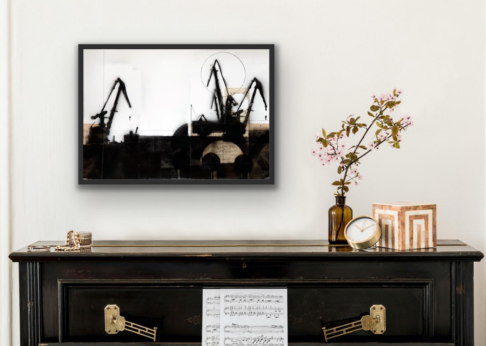 Cranes 5 - Schwarz-Weiß-Gemälde, Mischtechnik, Collage, Polnische Kunst (Abstrakt), Painting, von Lukasz Fruczek