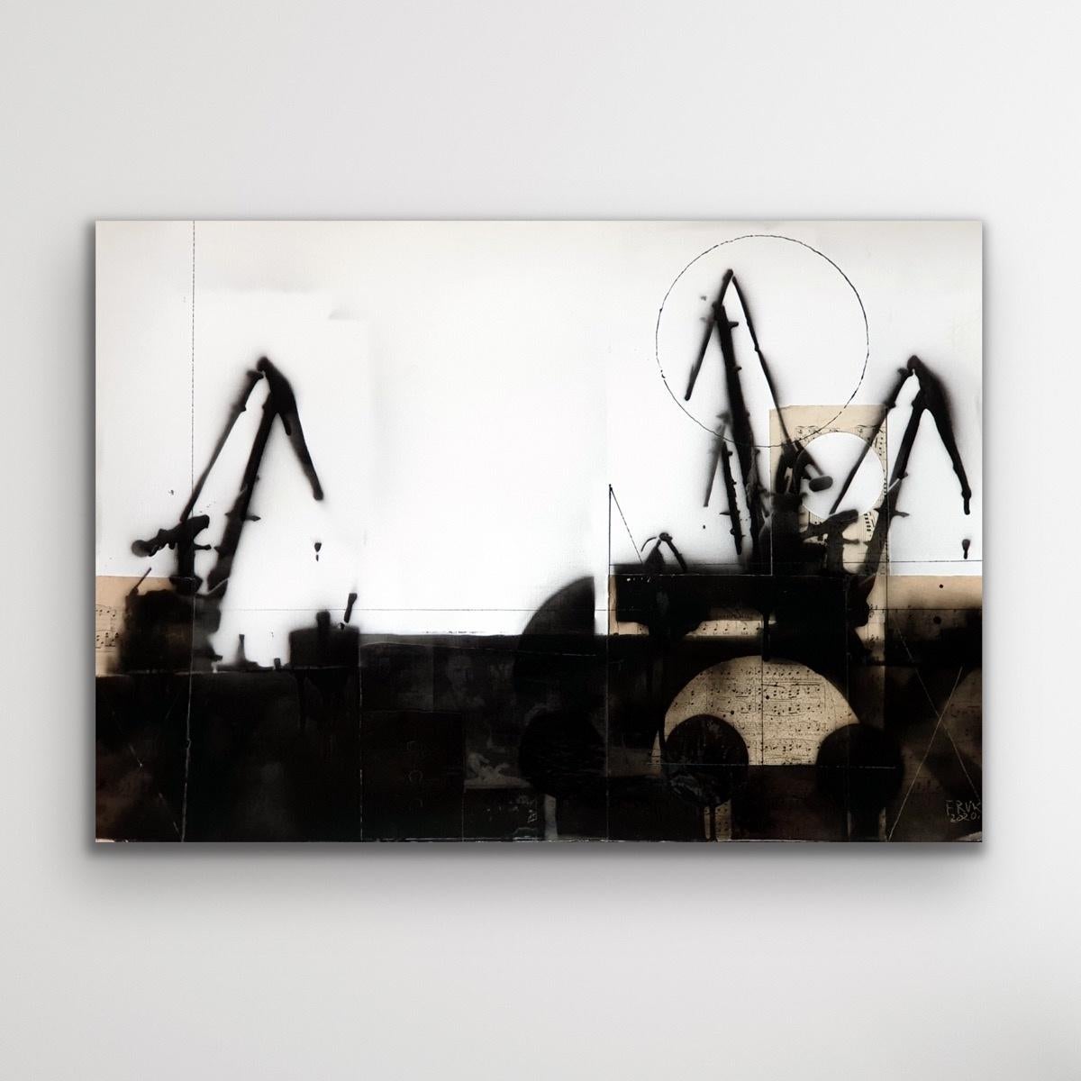 Cranes 5 - Schwarz-Weiß-Gemälde, Mischtechnik, Collage, Polnische Kunst (Grau), Abstract Painting, von Lukasz Fruczek