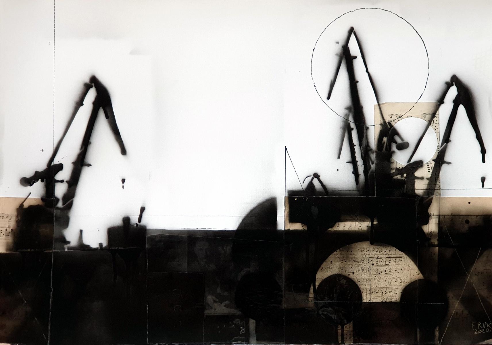 Cranes 5 - Black & white painting, Mixed media, Collage, Polish art