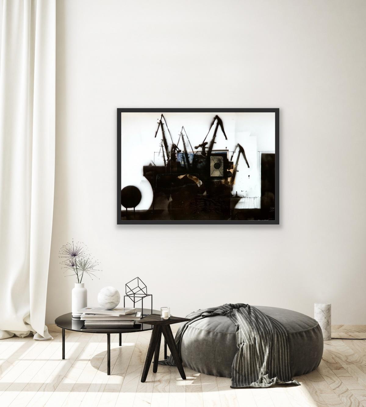 Cranes 6 - Black & white painting, Mixed media, Collage, Polish art - Painting by Lukasz Fruczek