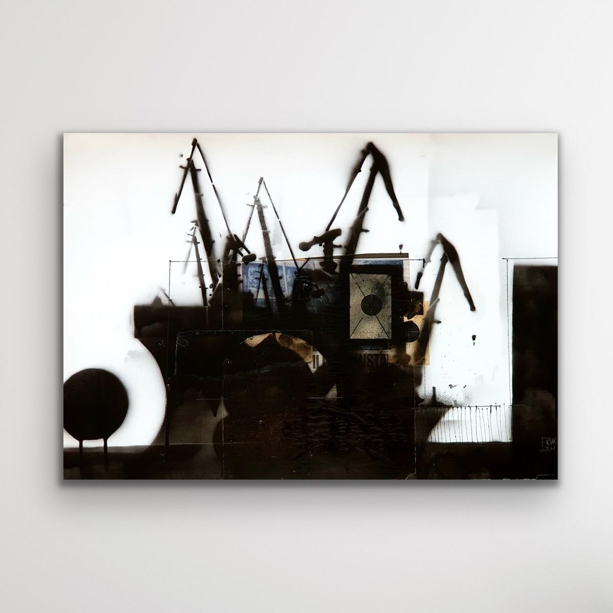 Cranes 6 - Black & white painting, Mixed media, Collage, Polish art 1