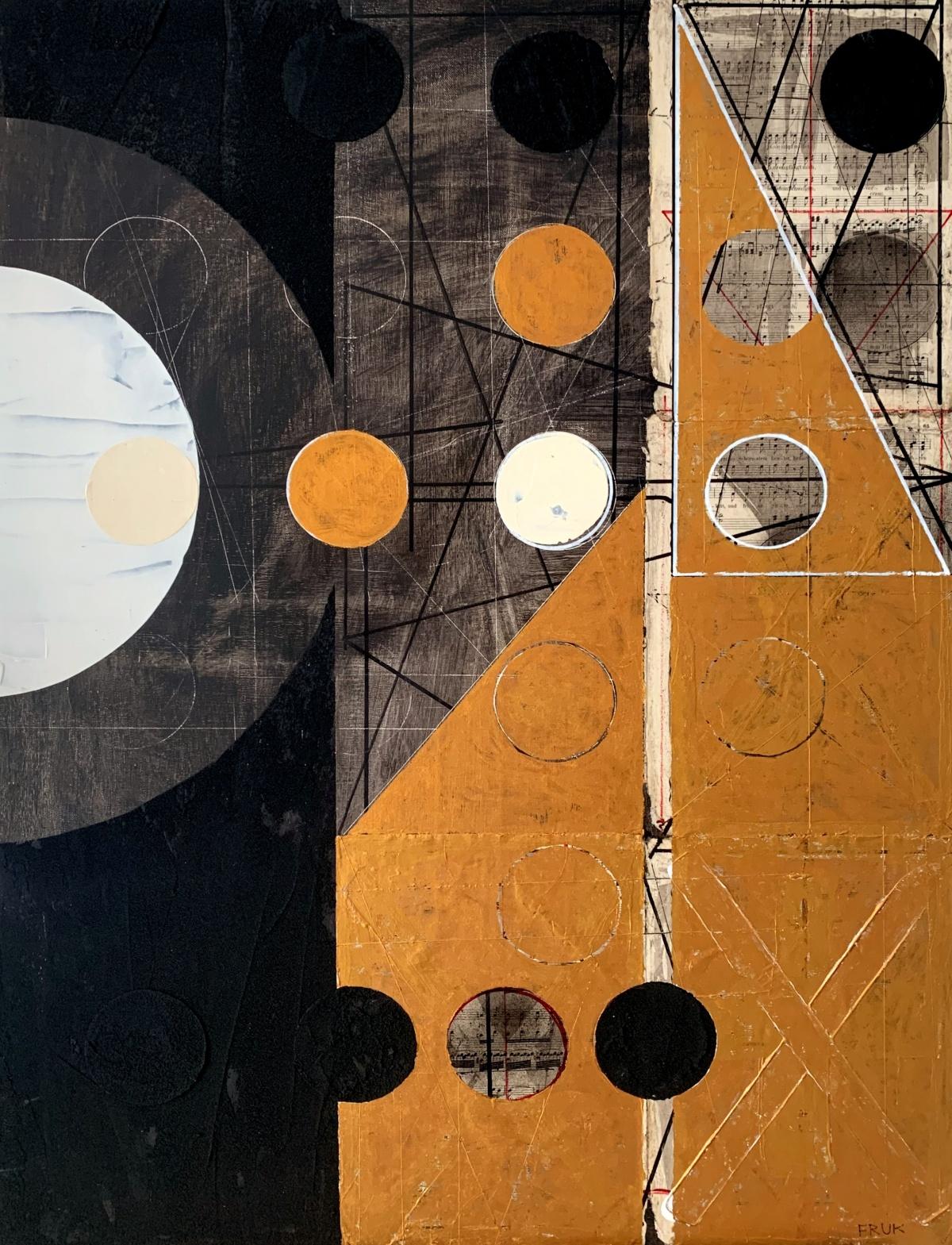 Old Gold 2 - Contemporary Abstract Painting, Geometry, Texture, Collage - Brown Figurative Painting by Lukasz Fruczek