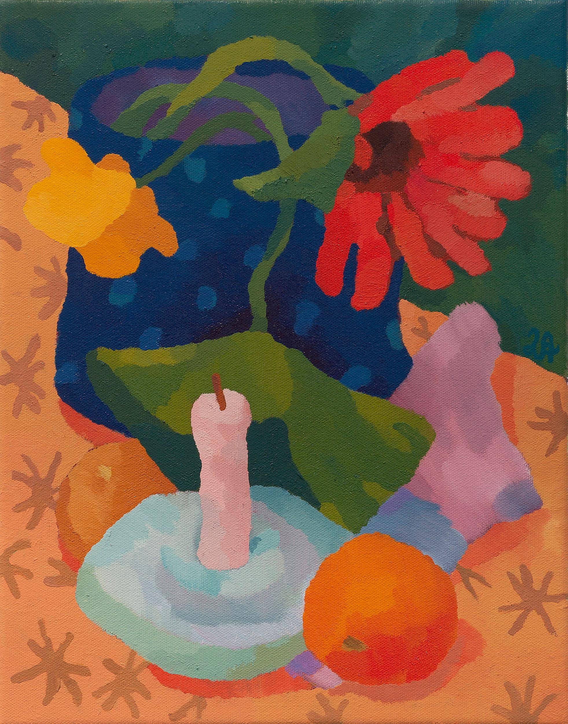 Afternoon, bright blue and orange still life painting, flower and candle - Painting by Luke Alex Atkinson