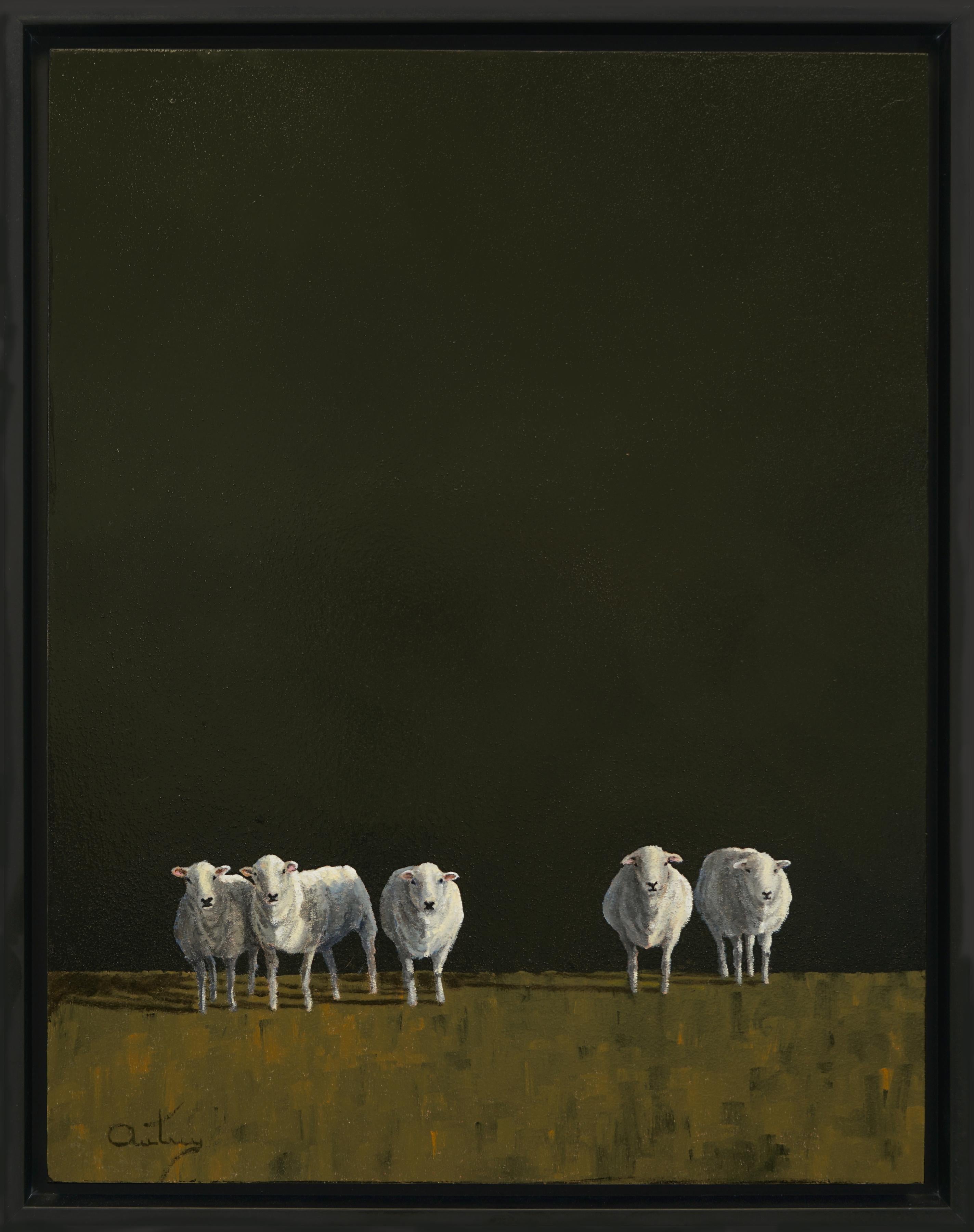A GATHERING  Realist  Light and  Shadow, Sheep  Ovis (Latin) Oil on Panel - Painting by Luke Autrey