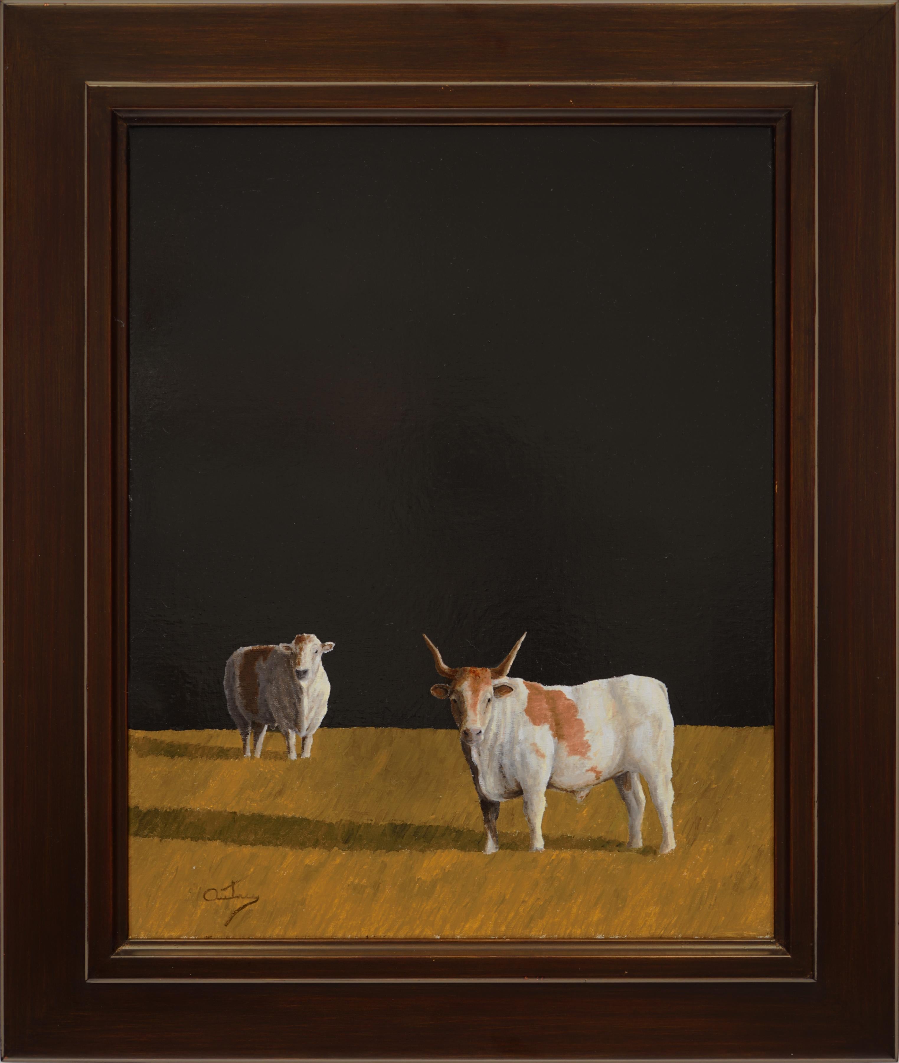 COUPLE  Realist  Light and  Shadow    Sheep Texas Longhorn   Oil on Canvas Frame - Painting by Luke Autrey