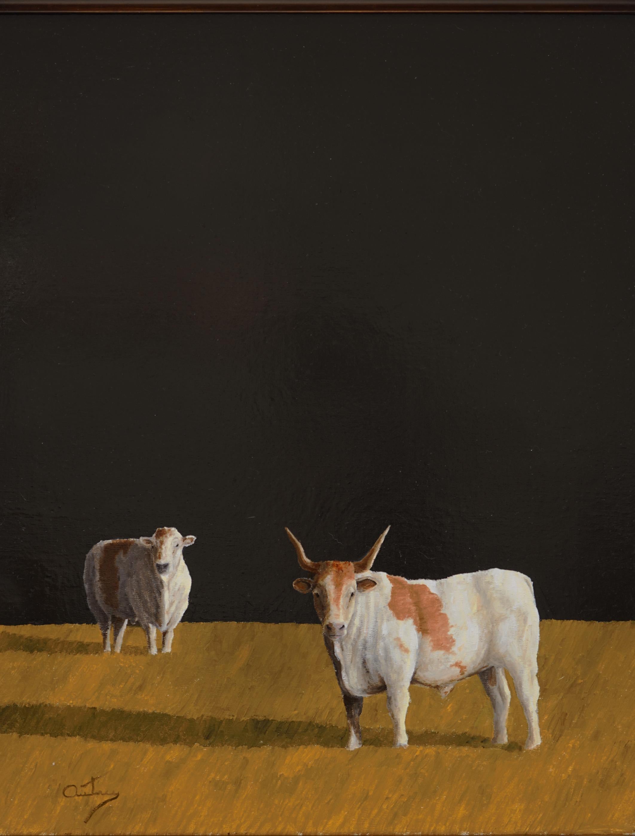 COUPLE  Realist  Light and  Shadow    Sheep Texas Longhorn   Oil on Canvas Frame - American Realist Painting by Luke Autrey