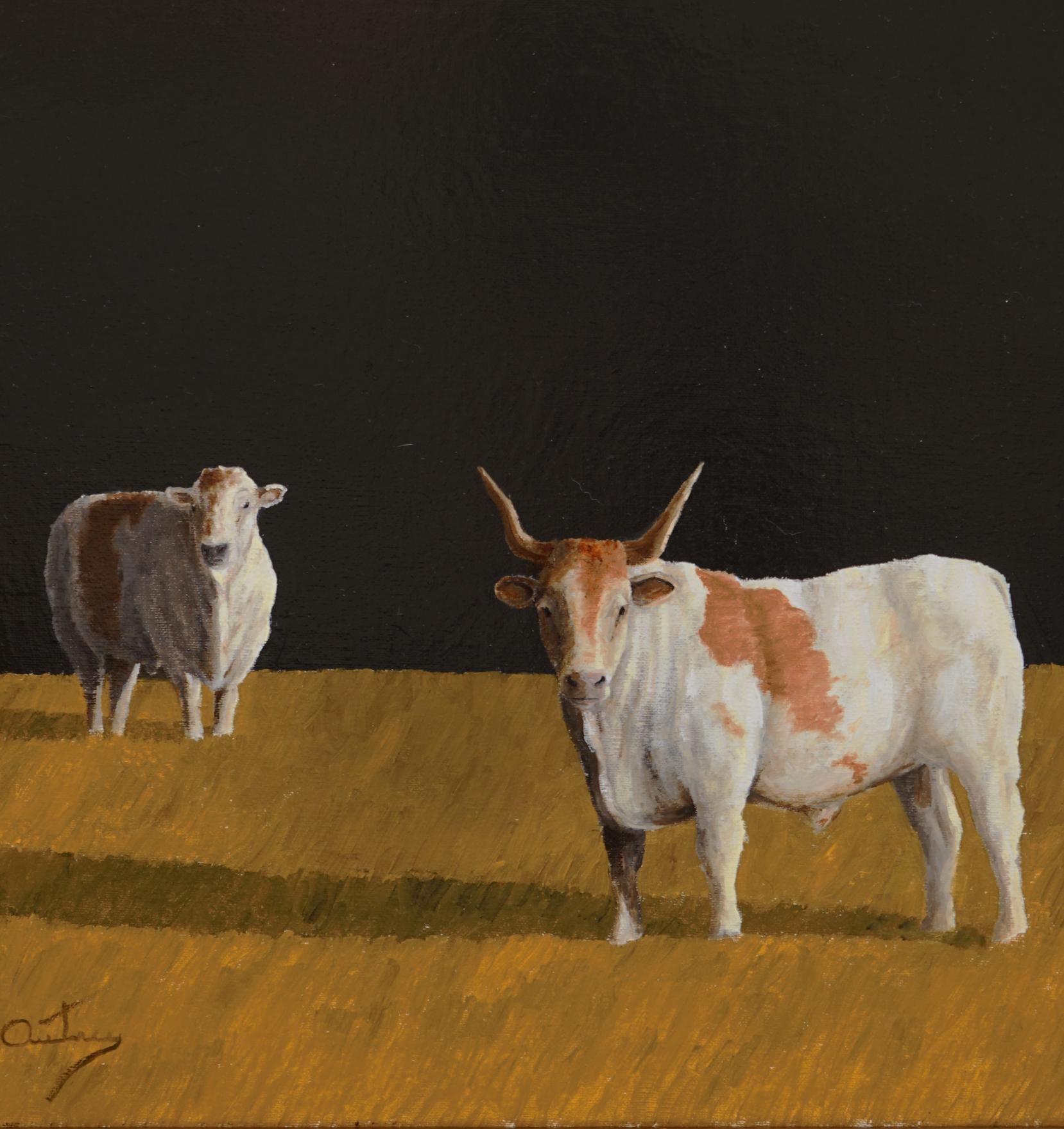   VÉRIFIEZ QUE LA LIVRAISON EST GRATUITE À LA CAISSE. 
Couple  est une peinture à l'huile sur toile de 20 X 16 représentant un mouton et un longhorn qui ont l'air d'être en  à la recherche de quelque chose. Couple est l'œuvre de l'artiste texan Luke