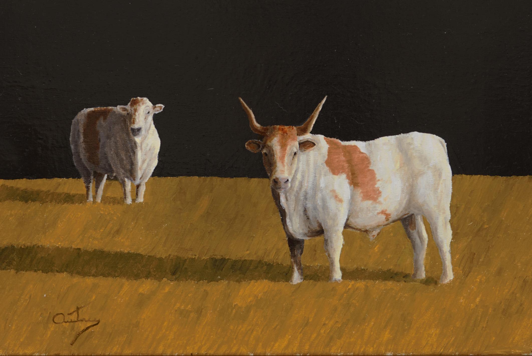 COUPLE  Realist  Light and  Shadow    Sheep Texas Longhorn   Oil on Canvas Frame For Sale 1