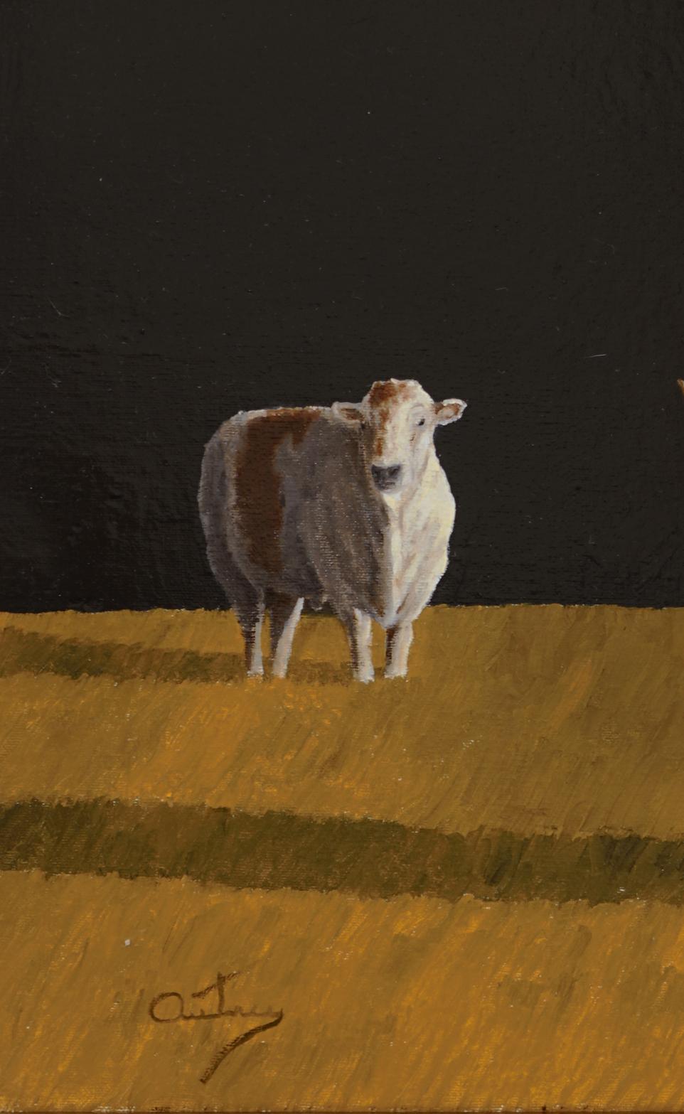 COUPLE  Realist  Light and  Shadow    Sheep Texas Longhorn   Oil on Canvas Frame For Sale 3