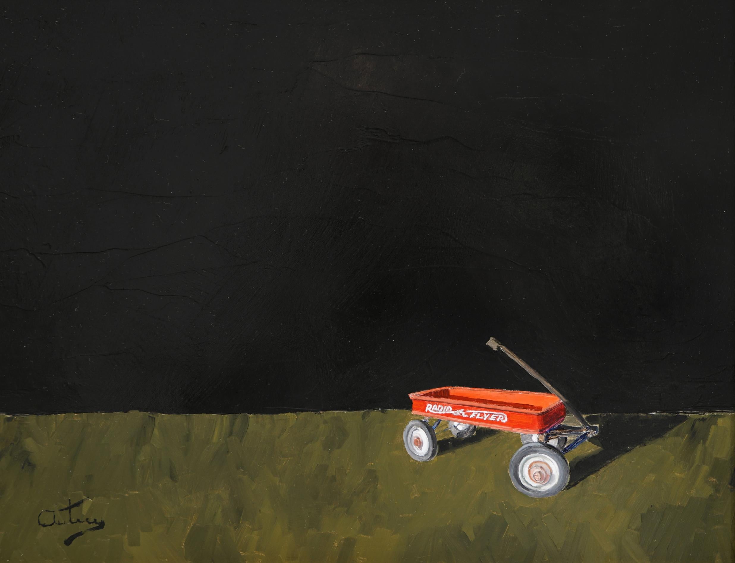 DONE FOR THE DAY WITH MY RADIO FLYER  Realist  Light and  Shadow Oil on Panel - American Realist Painting by Luke Autrey
