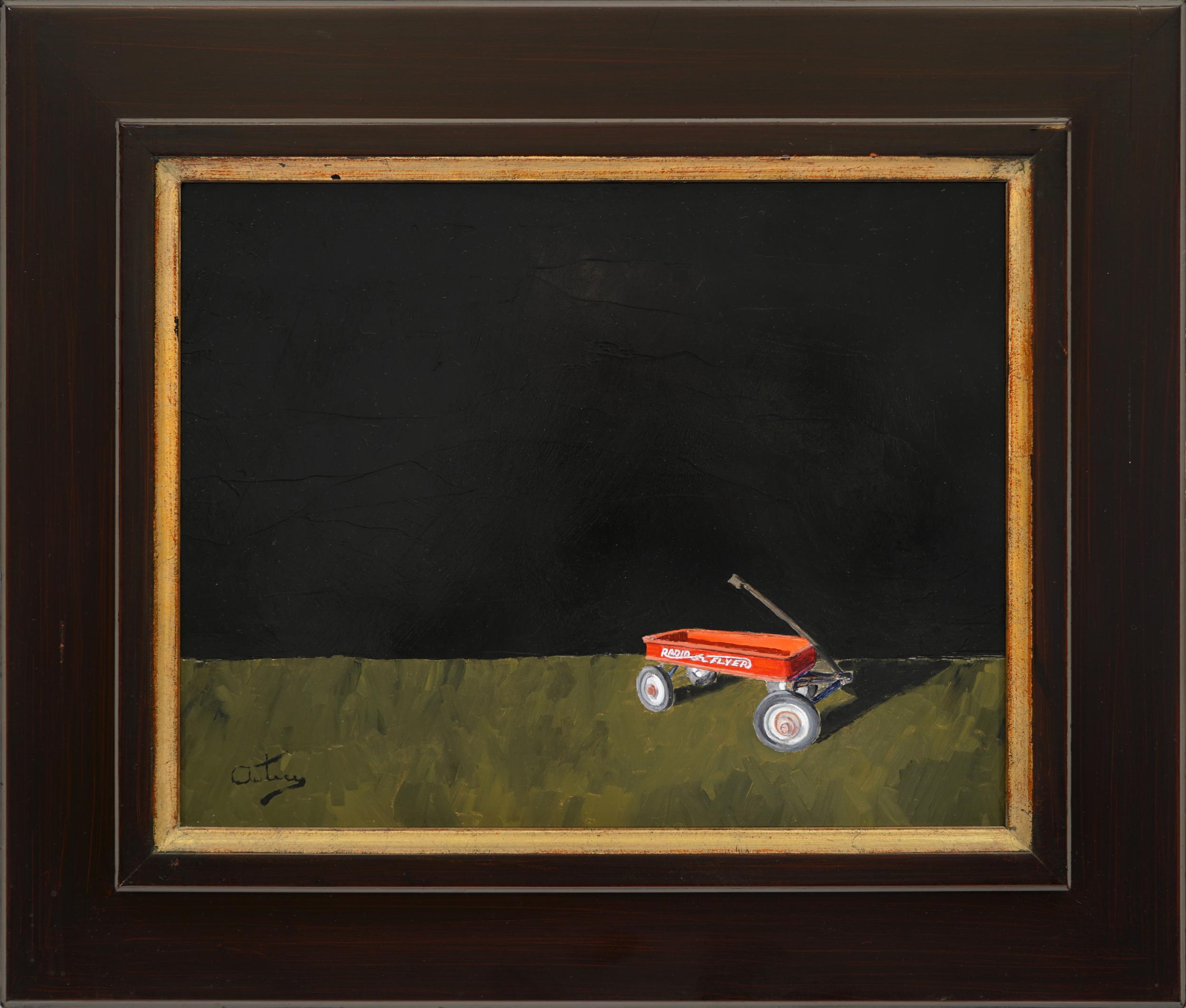 DONE FOR THE DAY WITH MY RADIO FLYER  Realist  Light and  Shadow Oil on Panel - Painting by Luke Autrey