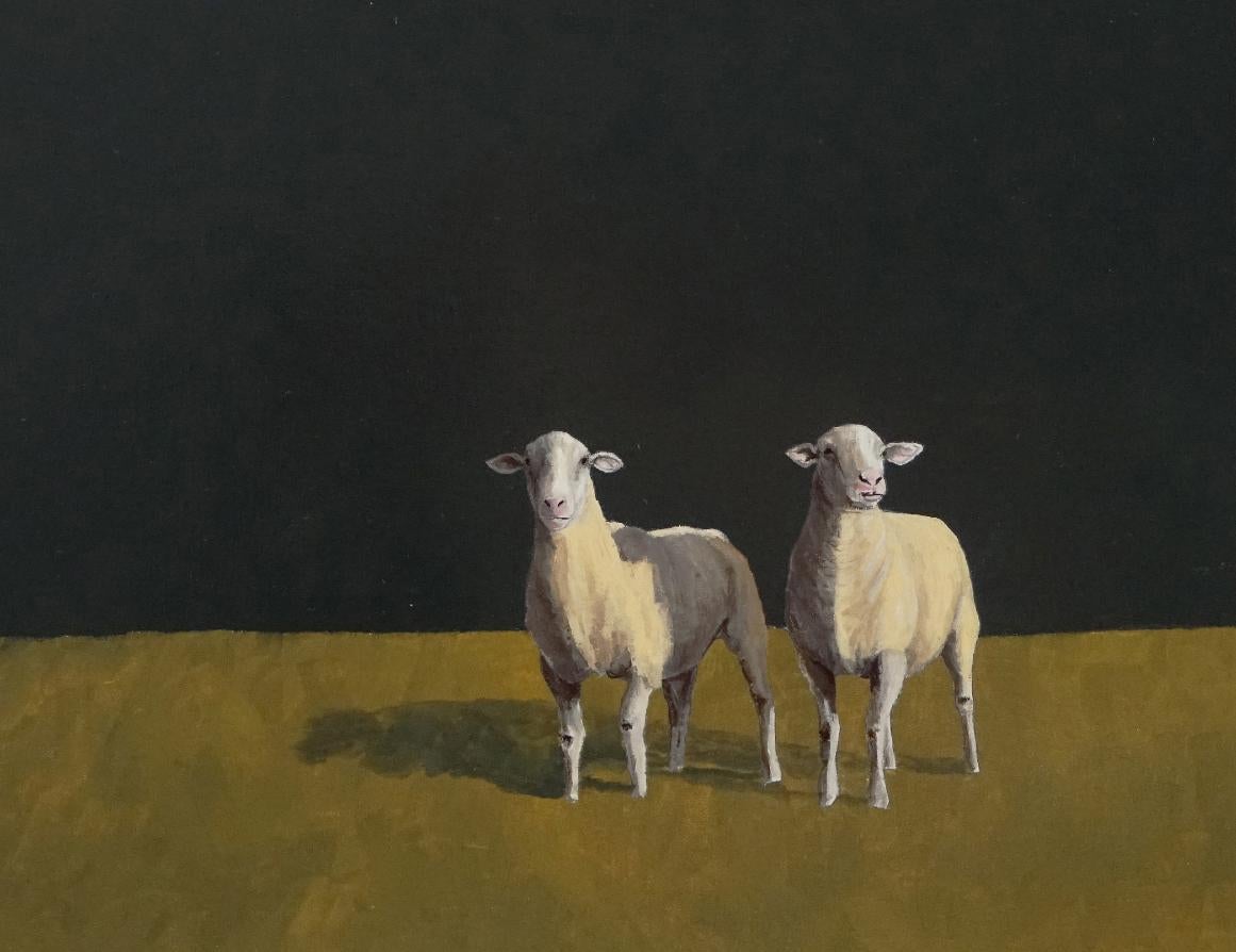 Grazing, Realism, Light/ Shadow, Sheep, Southwest Art, Oil Painting, Landscape, - Black Landscape Painting by Luke Autrey