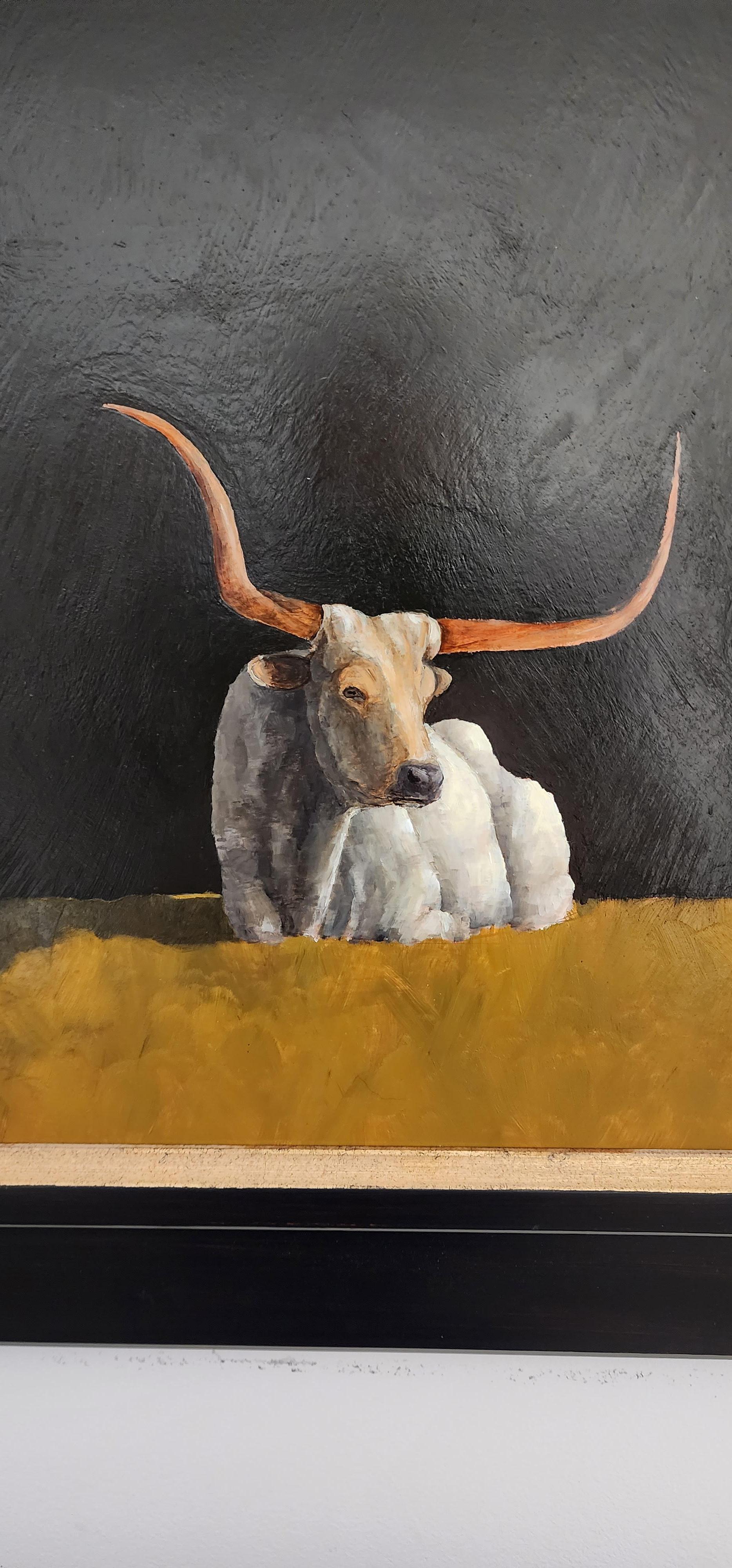   LOOK FOR FREE SHIPPING AT CHECKOUT. IF NOT AVAILABLE GALLERY PAYS FOR SHIPPING IN USA.   ALSO SHOWN ARE OTHER AVAILABLE PAINTINGS.

Majestic Longhorn  is an oil painting that was completed in February 2023.. It has a  custom made frame that