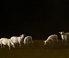 Pecore al crepuscolo   Luce/ombra realista  Pittura a olio 20 "x16"  Paesaggio Texas