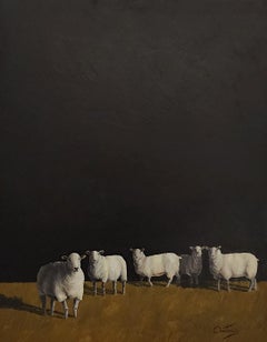 Peinture à l'huile « Sheep in the Field », réaliste, lumière/ombre, Ovejas, paysage