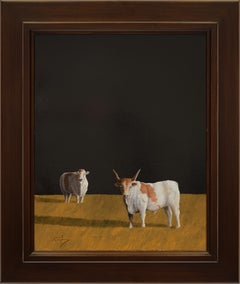 Longhorn y ovejas de Texas  Realismo Óleo 20" x 16  Bovino  Animales del paisaje