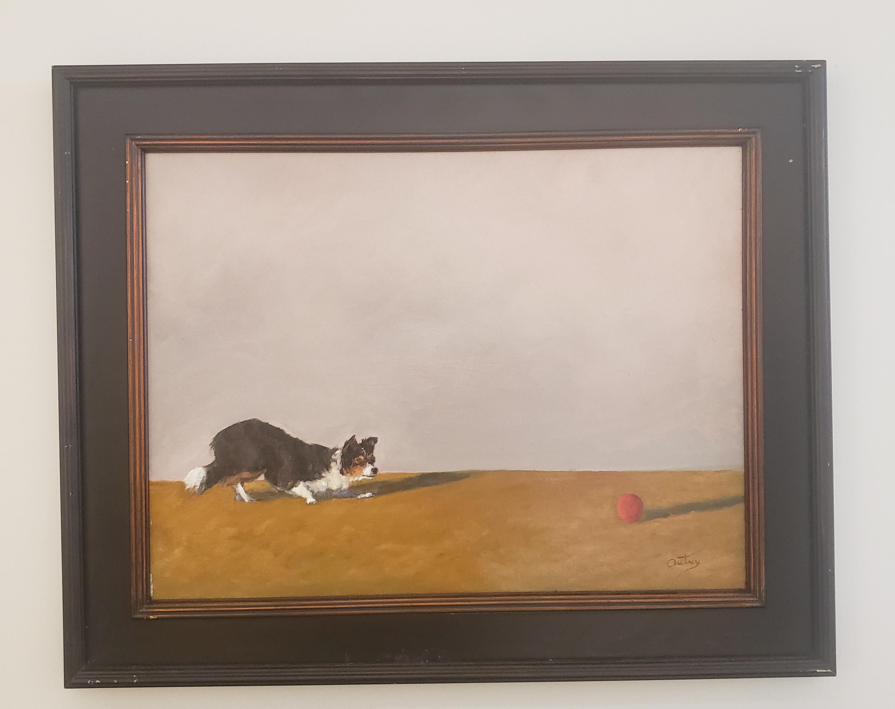 The Red Ball, Texas Artist, Realist, Light and Shadow, Dog Painting, Realism - Brown Figurative Painting by Luke Autrey