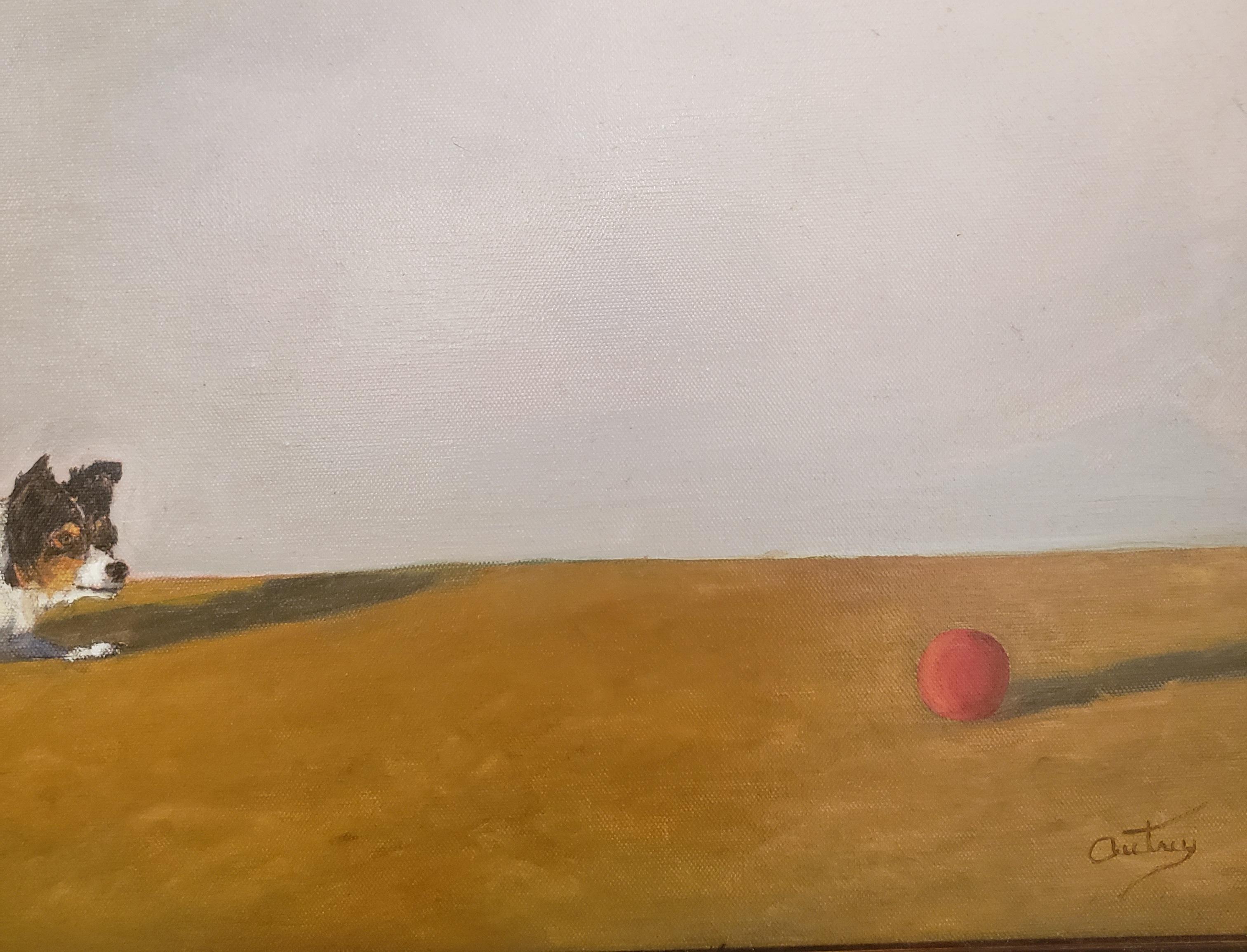 The Red Ball is by Texas artist Luke Autrey who lives and paints in Austin, Texas. In this painting are two simple subject matters a dog  and a red ball. The Red Ball is painted in oil.  It makes us wonder if the dog will ever catch up with the Red