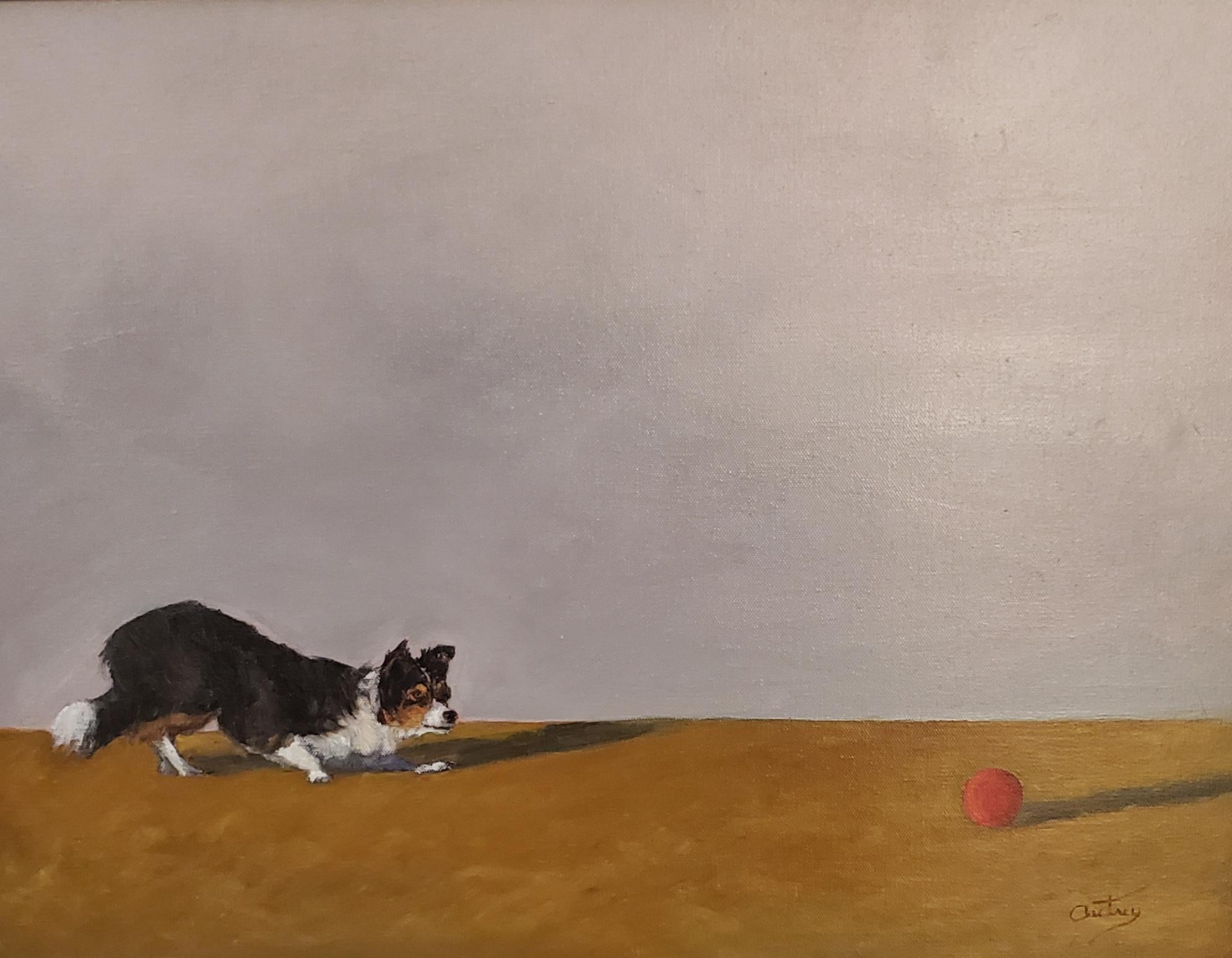 Luke Autrey Figurative Painting - The Red Ball, Texas Artist, Realist, Light and Shadow, Dog Painting, Realism