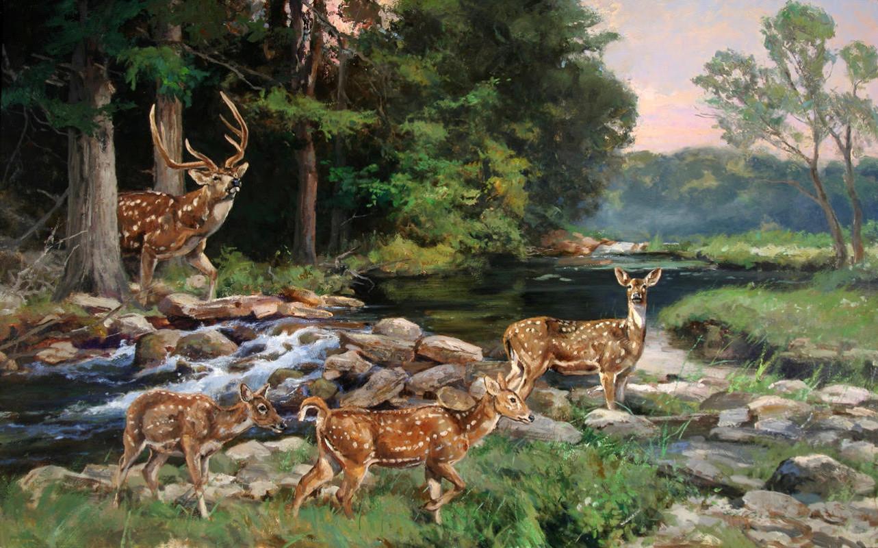 Luke Frazier Landscape Painting - "GUADALUPE ROMANCE" WILDLIFE AXIS DEER FAMILY TEXAS RIVER