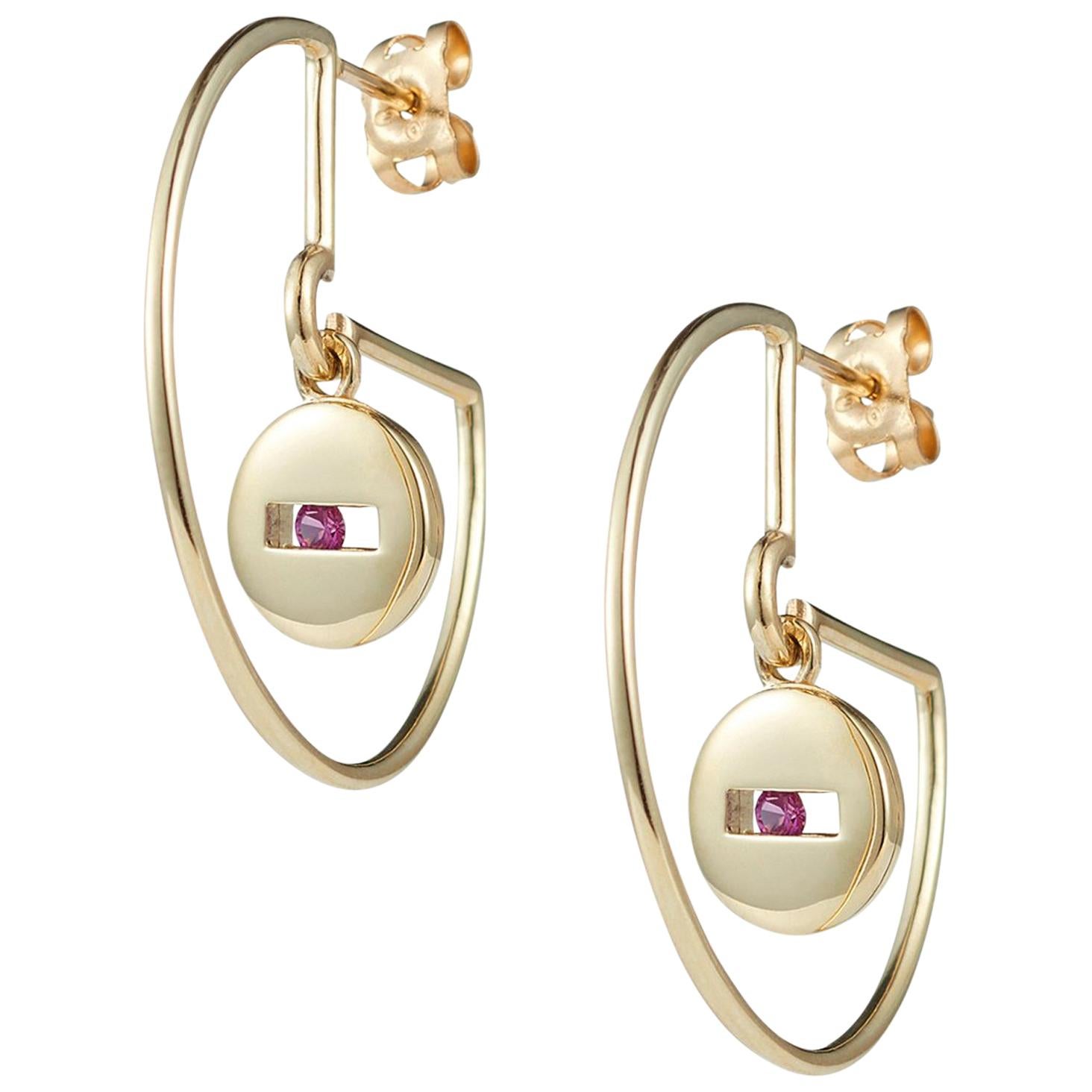 Luke Rose 14 Carat Gold and Pink Sapphire Hoop Earrings For Sale
