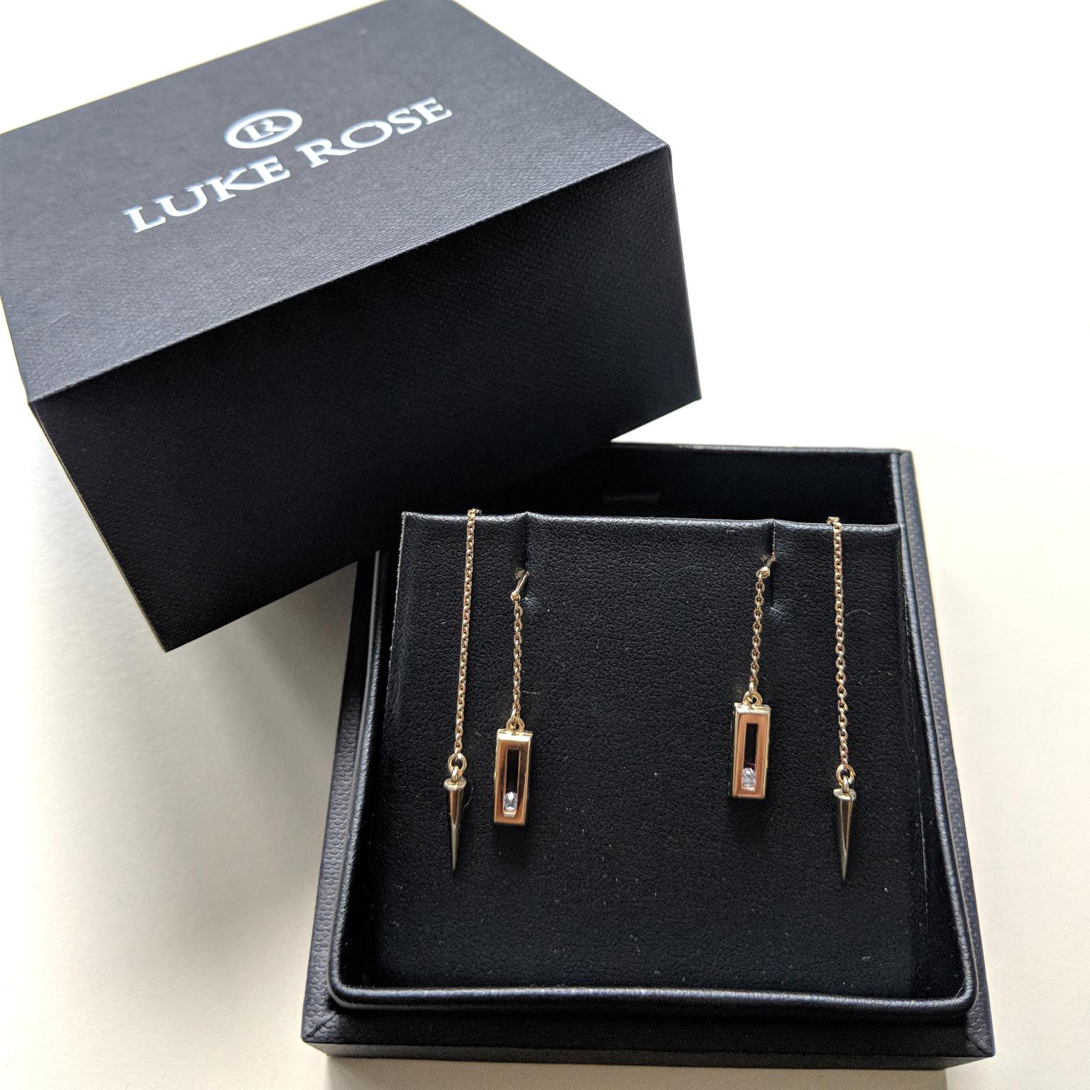 Round Cut Luke Rose 14 Carat Gold Diamond Drop Earrings For Sale