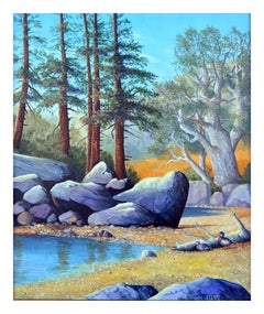Vintage California Mountain Pond Landscape with Ducks by Luke Stamos