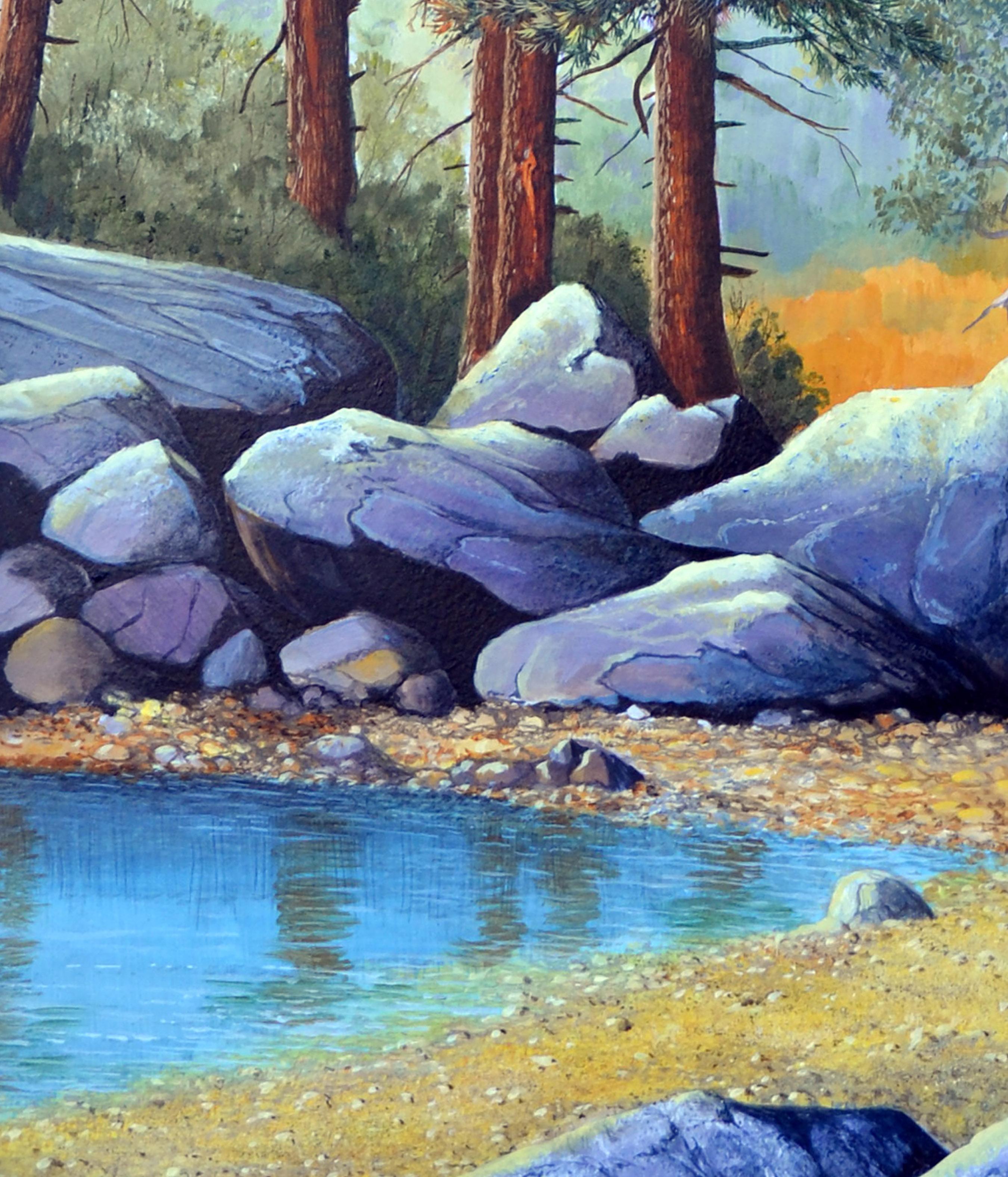 Stunning California landscape of a small reflective pond with tall trees, big boulders, and ducks rendered in crisp detail by Luke Stamos (American, 20th century). Signed 