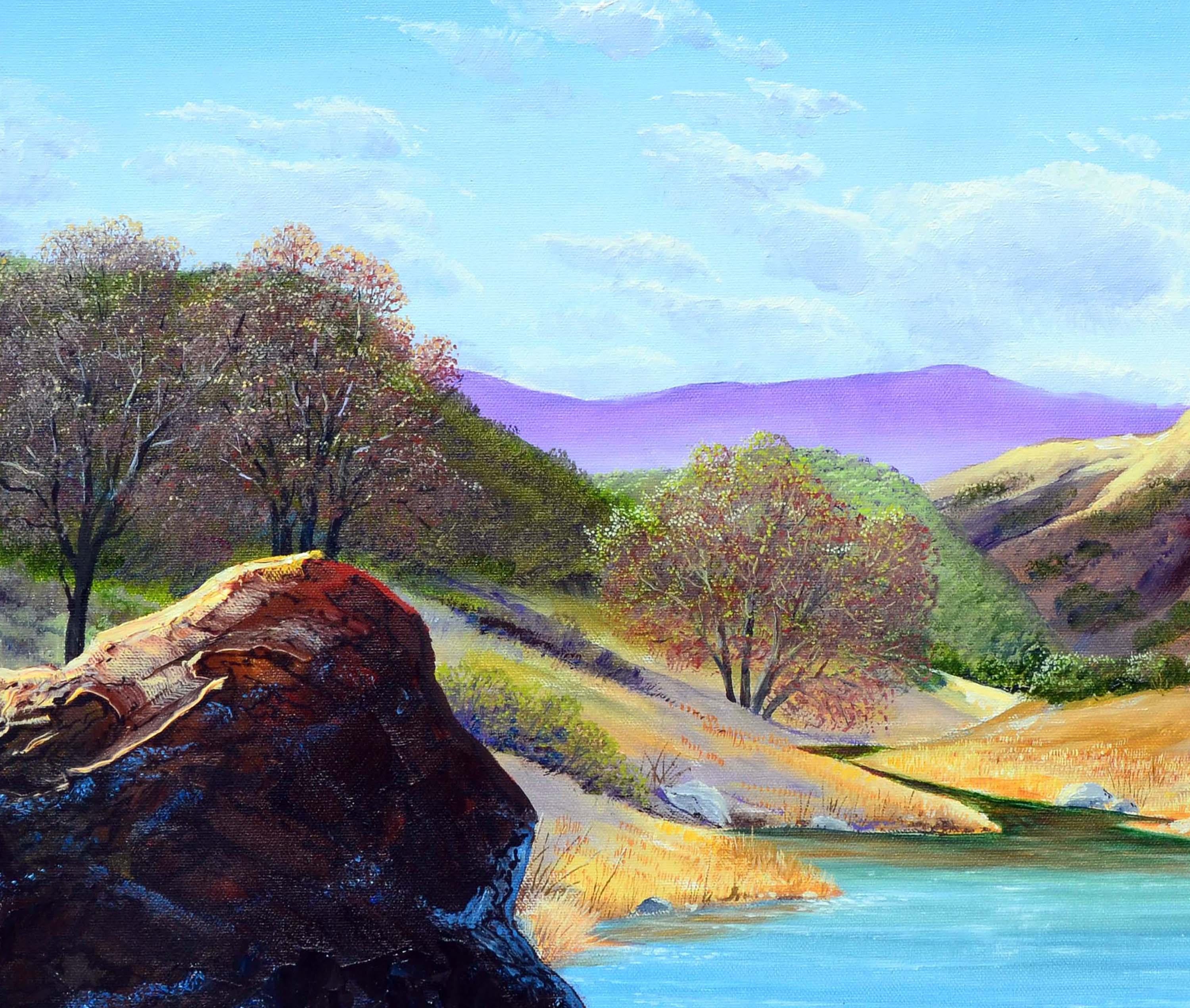 Lebendige, modernistische Landschaft von Mt. Hamilton, die Luke Stamos (Amerikaner, 20. Jahrhundert) zugeschrieben wird. Öl auf Leinwand. Nicht signiert. Ungerahmt. Bildgröße: 18 