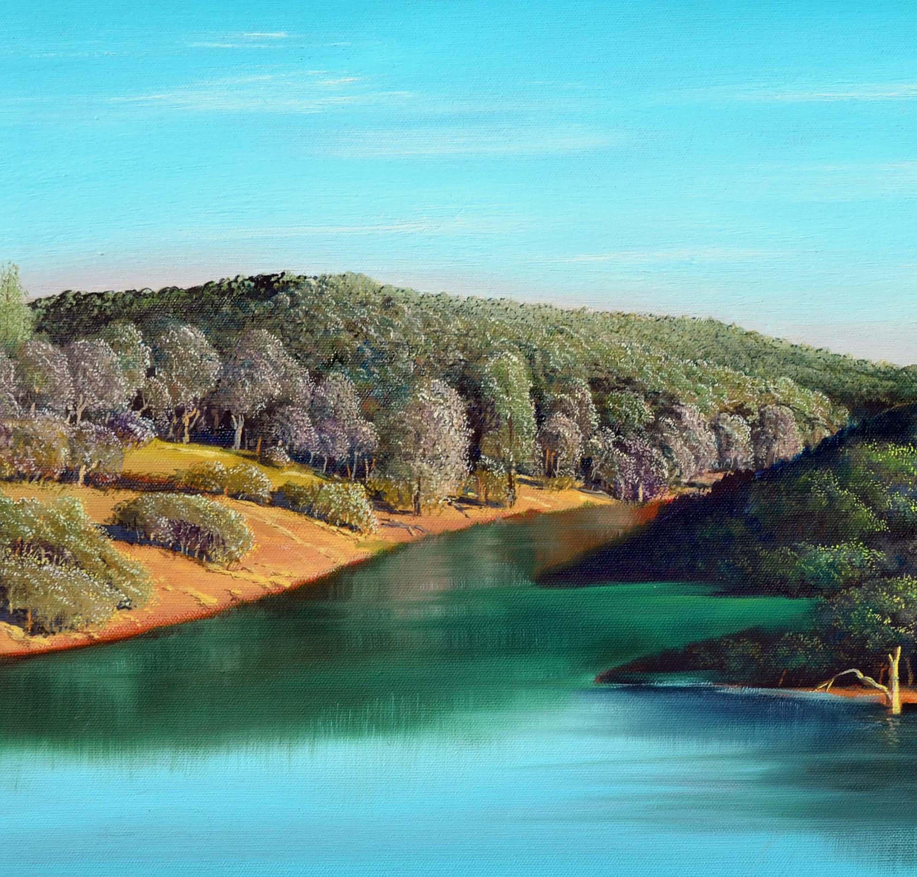 Paysage réaliste croustillant de deux canards au bord d'un lac entouré de collines ondulantes près du Mt Tamalpais par Luke Stamos (Américain, né en 1938). Non signé ; l'un des 3 que nous avons achetés (dont l'un est signé) à Los Gatos en Californie