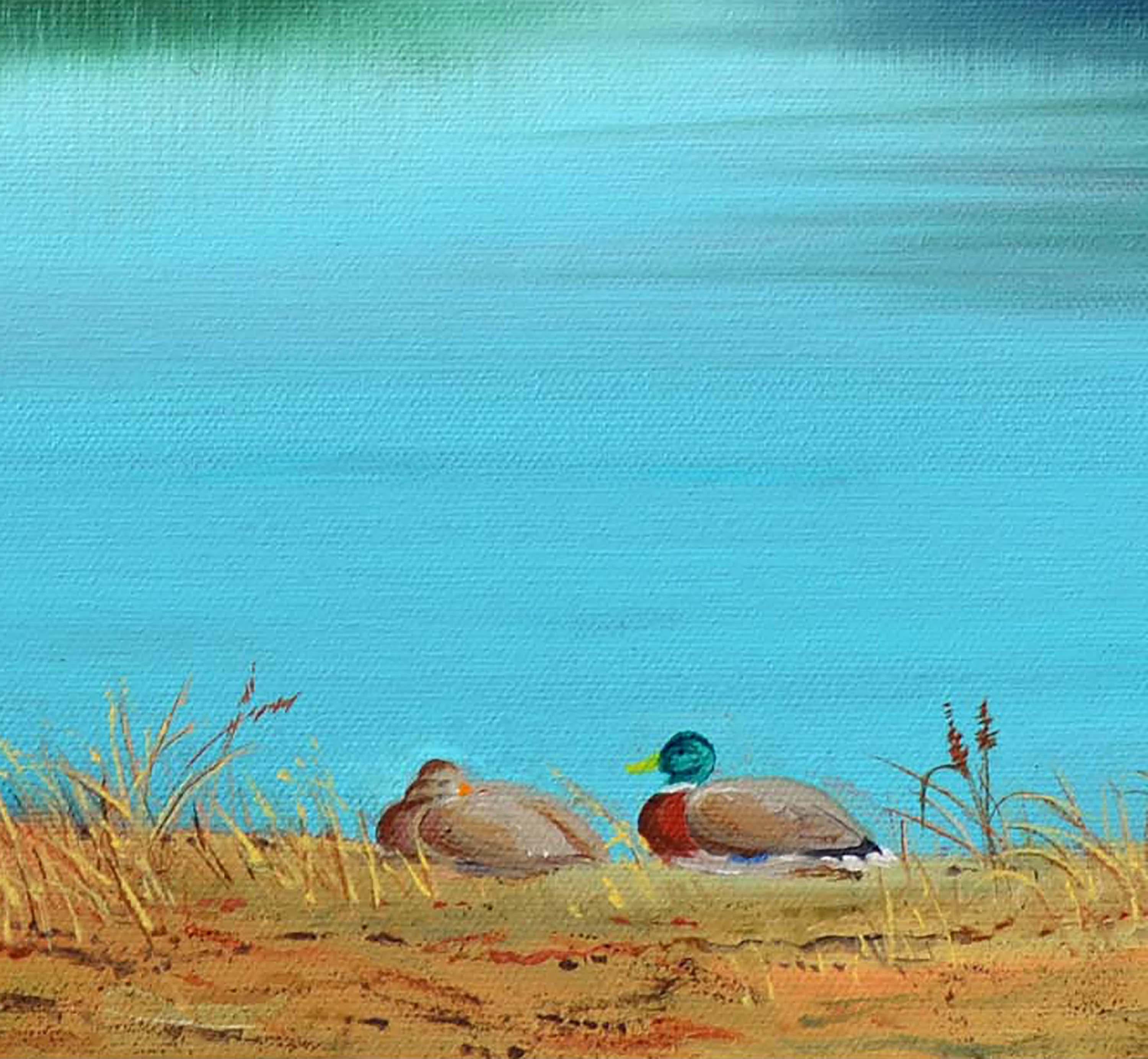 Northern California Duck Lake, Realist Landscape - Blue Landscape Painting by Luke Stamos