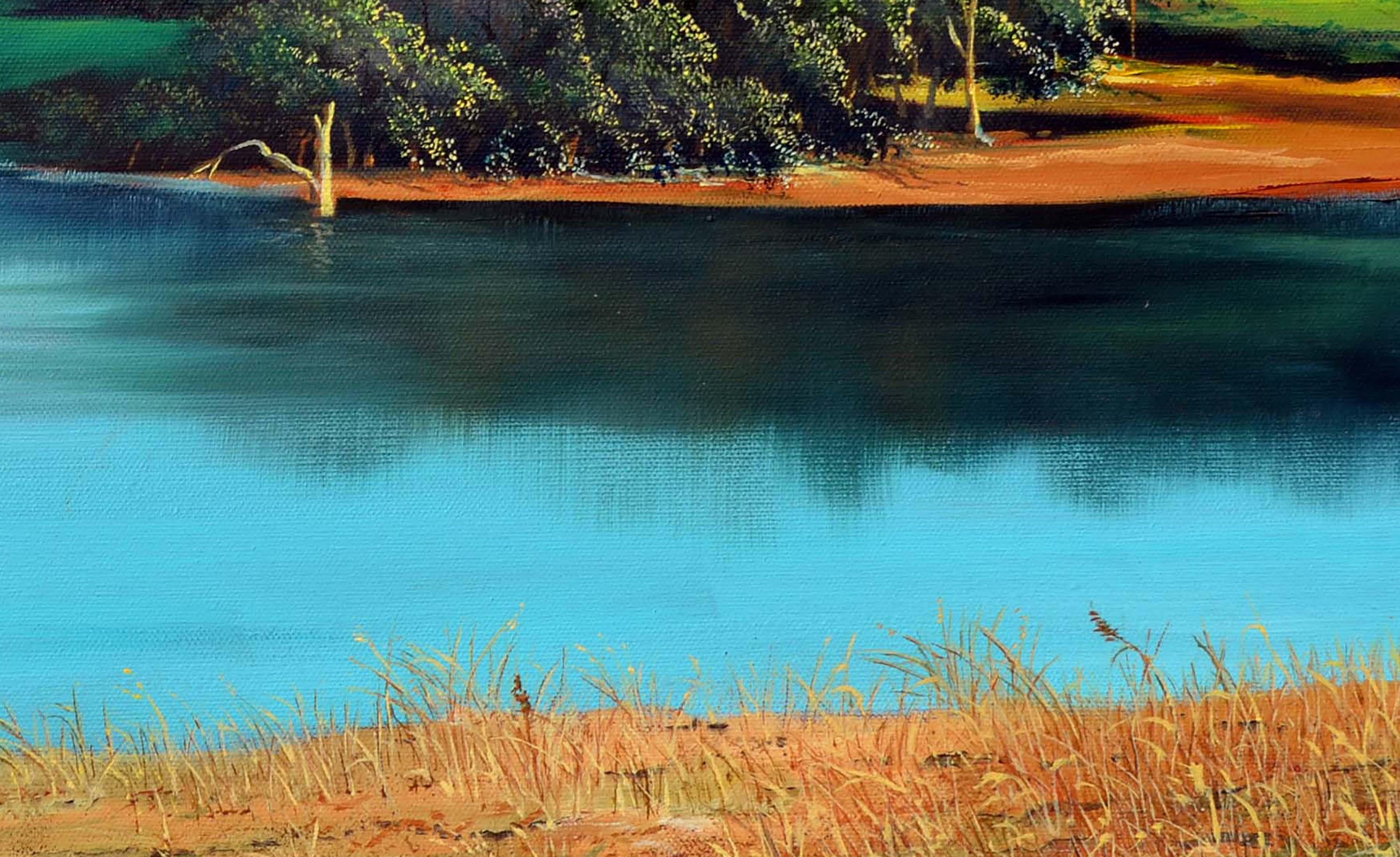 Crisp realist landscape of two ducks on the lakeside surrounded by rolling hills near Mt Tamalpais by Luke Stamos (American, b. 1938). Unsigned; one of 3 we purchased (one of which is signed) in Los Gatos California from the buyer who acquired them
