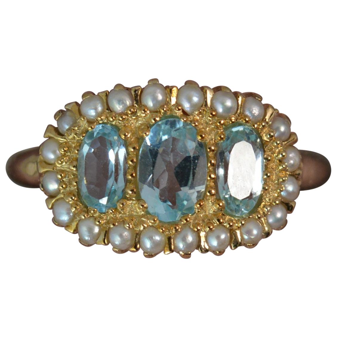 Luke Stockley 9 Carat Gold Aquamarine and Seed Pearl Cluster Ring