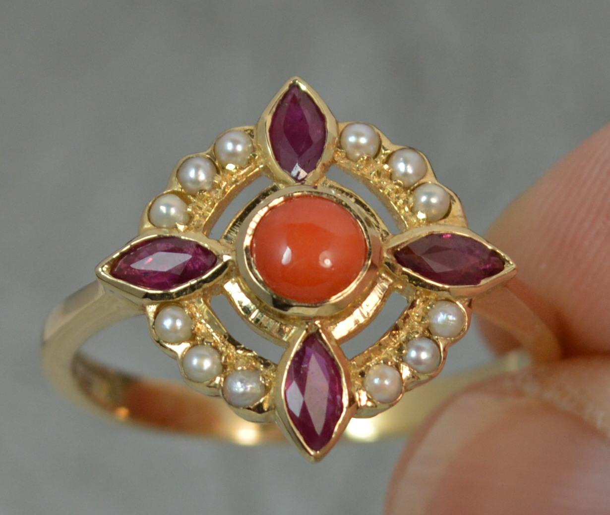 Luke Stockley 9 Carat Gold Coral Pearl Ruby Flower Cluster Ring In Excellent Condition In St Helens, GB