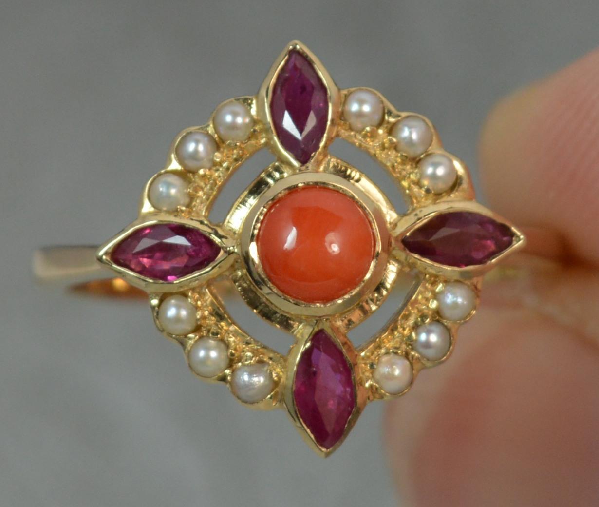 Women's Luke Stockley 9 Carat Gold Coral Pearl Ruby Flower Cluster Ring