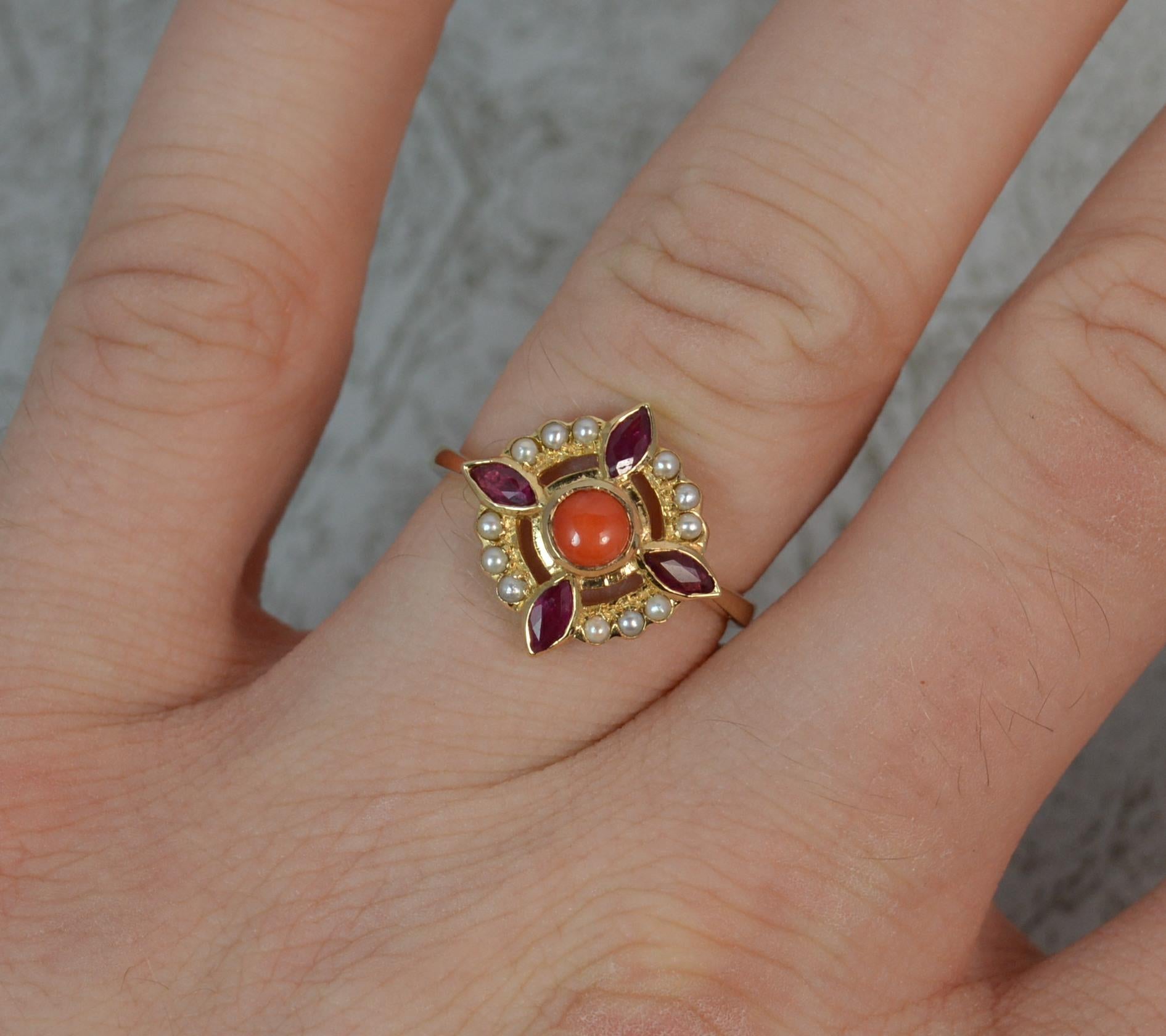 Luke Stockley 9 Carat Gold Coral Pearl Ruby Flower Cluster Ring 1