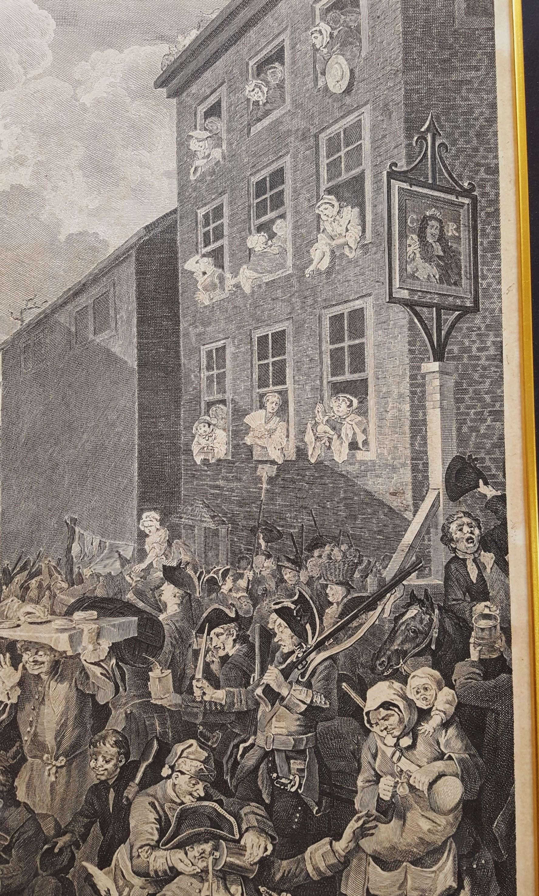 A copper plate engraving on wove paper after English artist William Hogarth (1697-1764) titled 