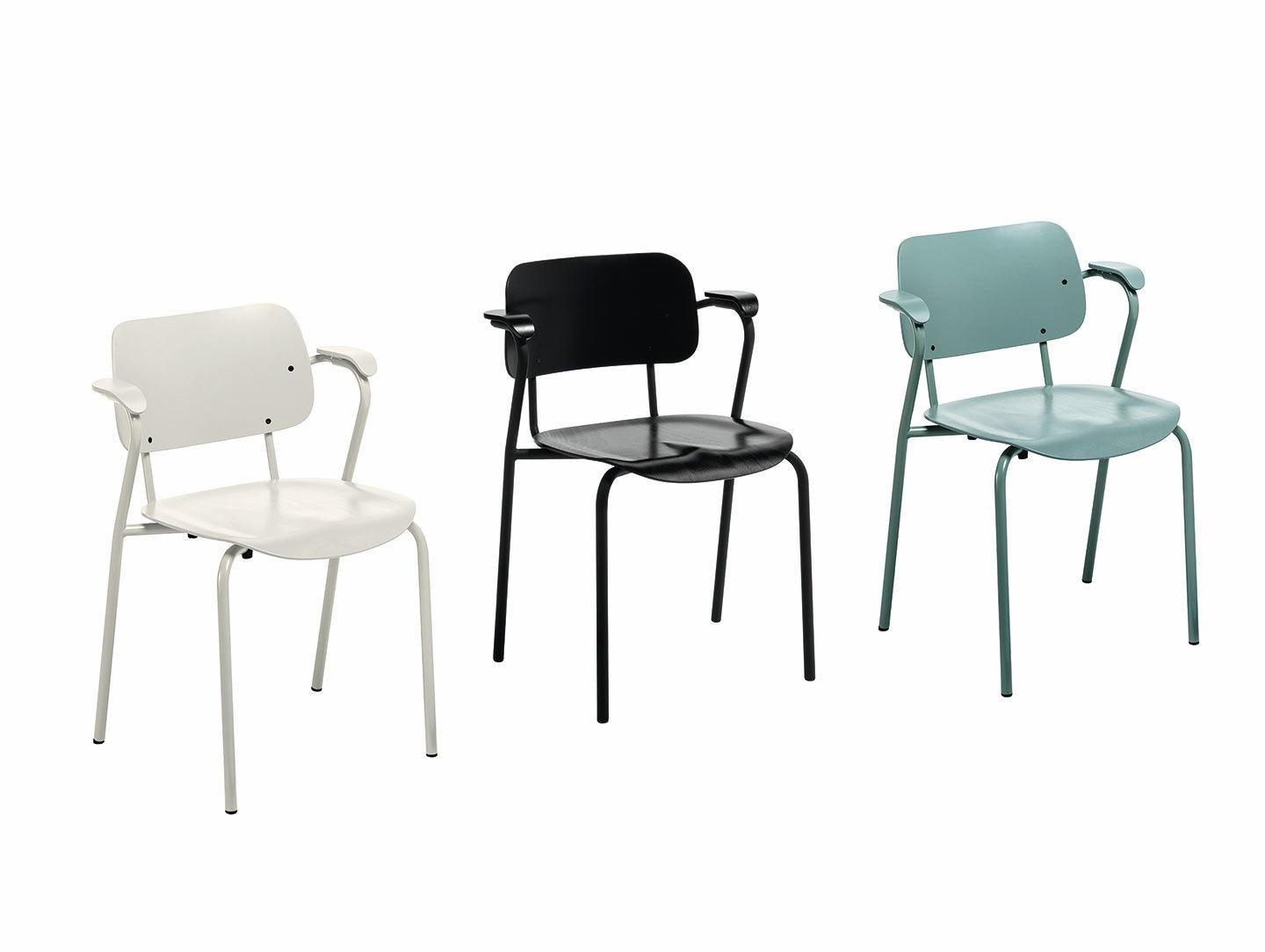 Lukki chair in stone white by Ilmari Tapiovaara & Artek. Ilmari Tapiovaara designed the Lukki collection for the student dormitories of the Helsinki University of Technology. Composed of tubular steel with a seat, back, and armrests formed from