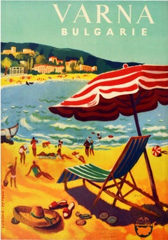 Original Vintage Poster Varna Bulgaria Black Sea Coast Summer Travel Beach Art