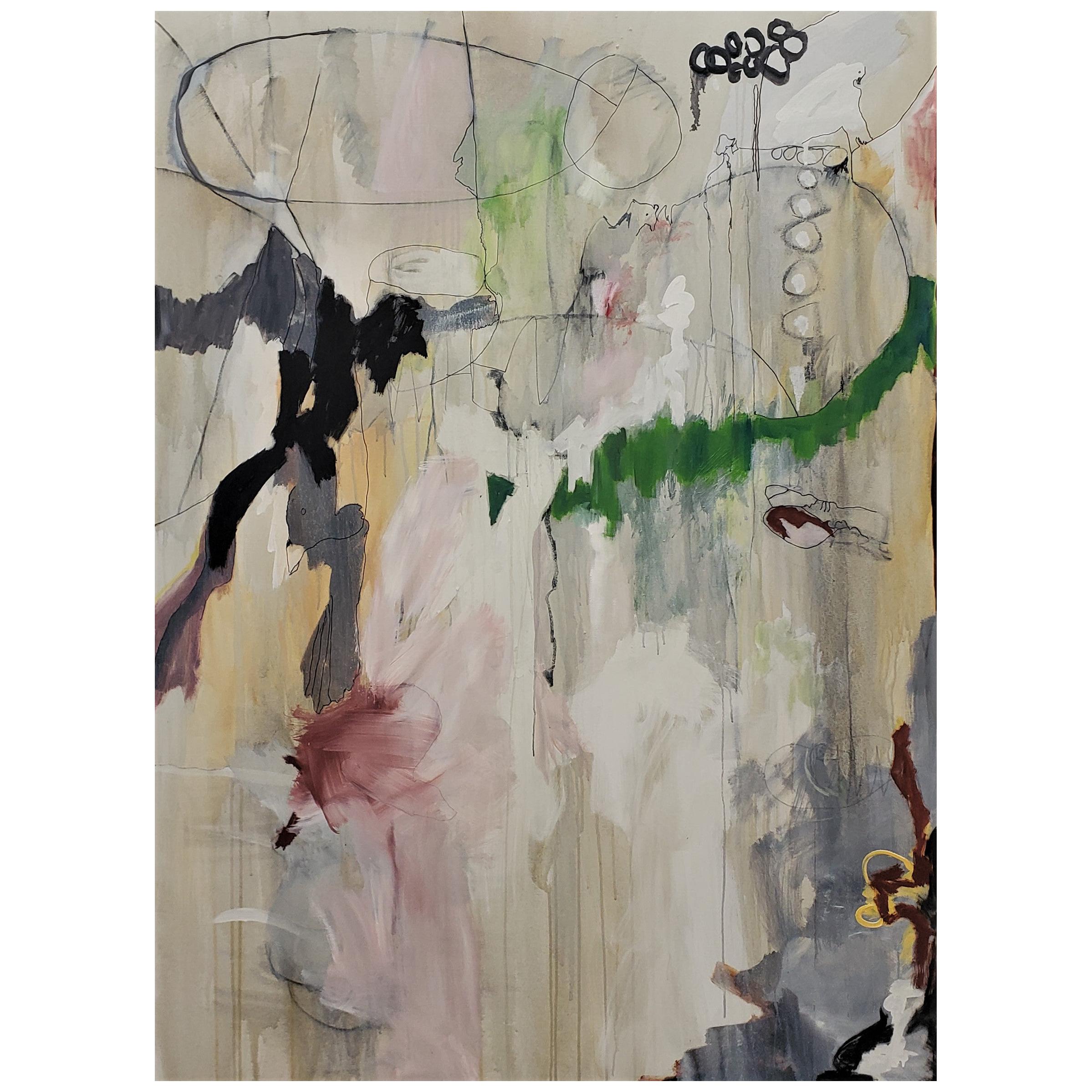 «ullaby of Birdland », 2021, grande huile abstraite encadrée de Kathi Robinson Frank