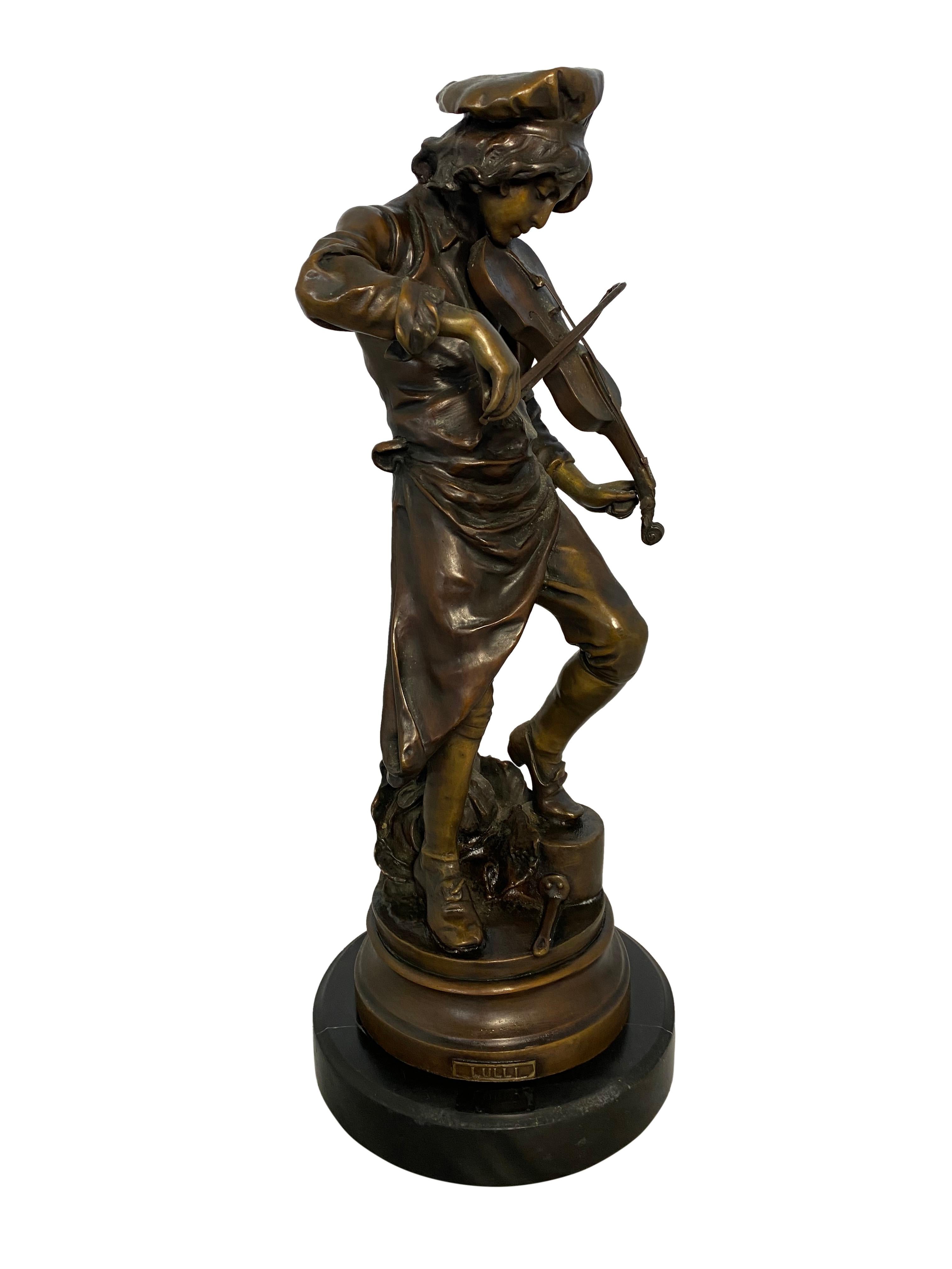 Lulli enfant impressive sculpture of a male playing violin, 20th century. The bronze has excellent patina, and the artist has taken a great attention to detail. Superb for decoration within the home.

Dimensions (cm):
H 53/W 20/D 23.