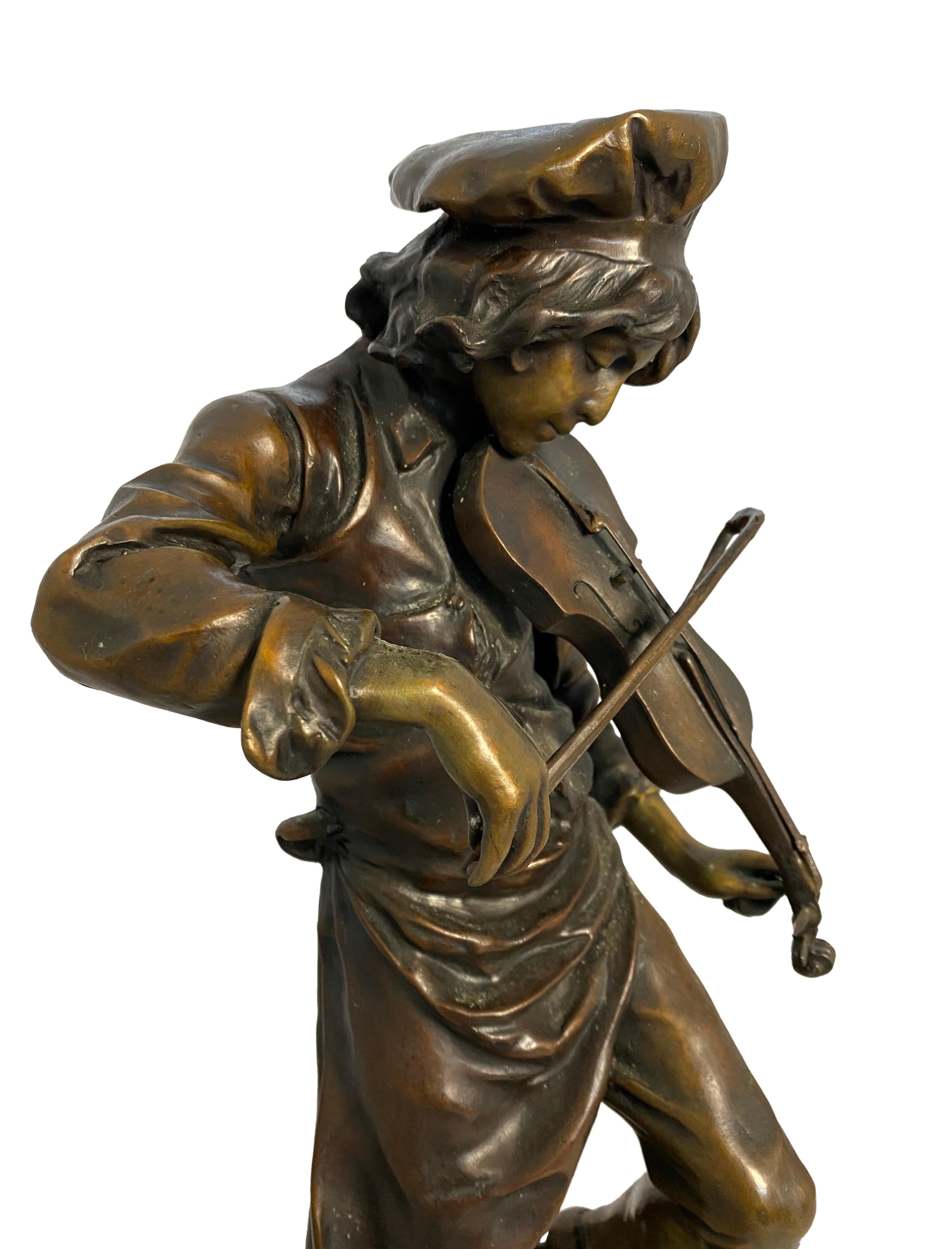 Cast Lulli Enfant French Violin Player Sculpture, 20th Century For Sale