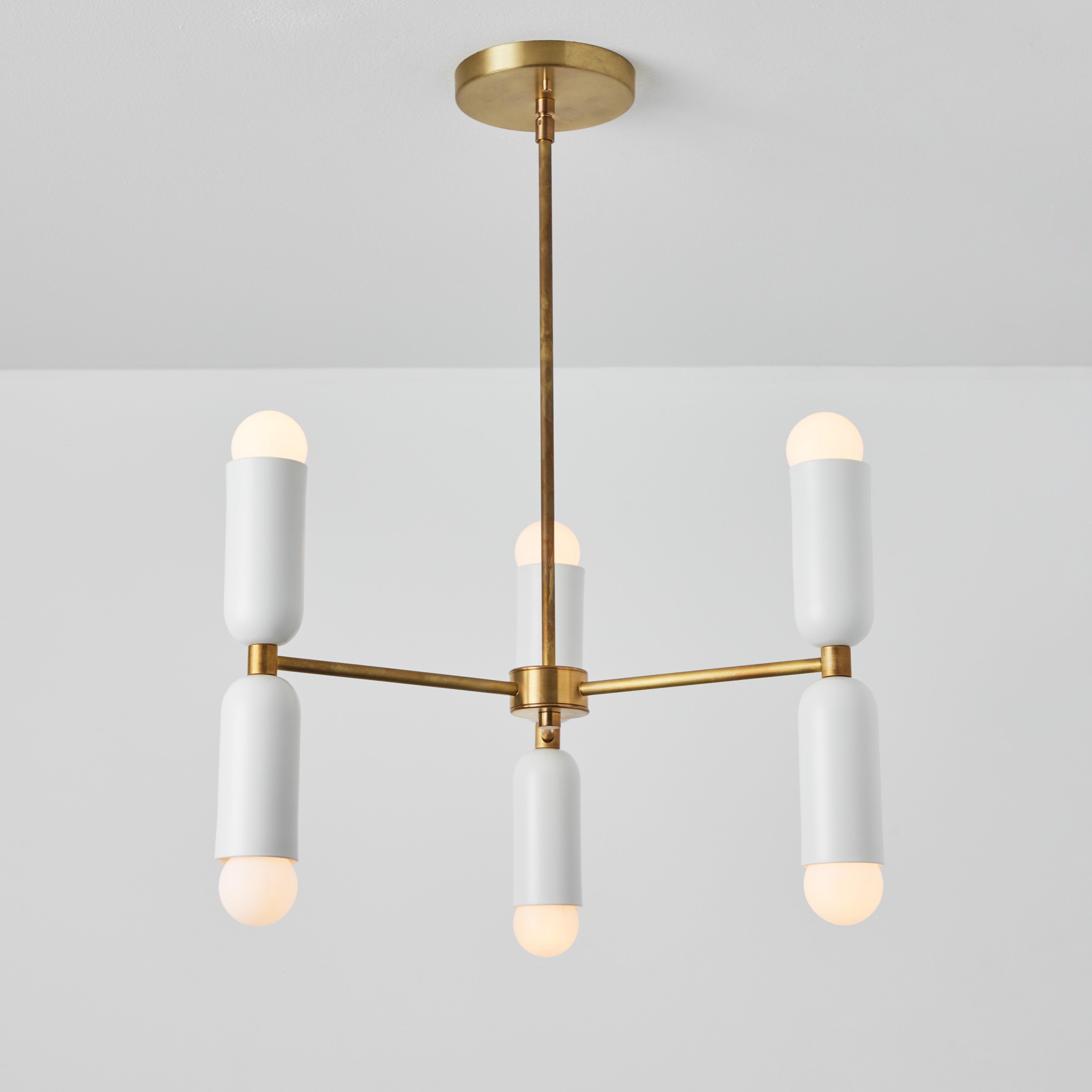 'Lulu' 3-arm chandelier in white & brass by Alvaro Benitez. Hand-fabricated by Los Angeles based designer and lighting professional Alvaro Benitez, these highly refined chandeliers are reminiscent of the iconic midcentury Italian designs of Arteluce