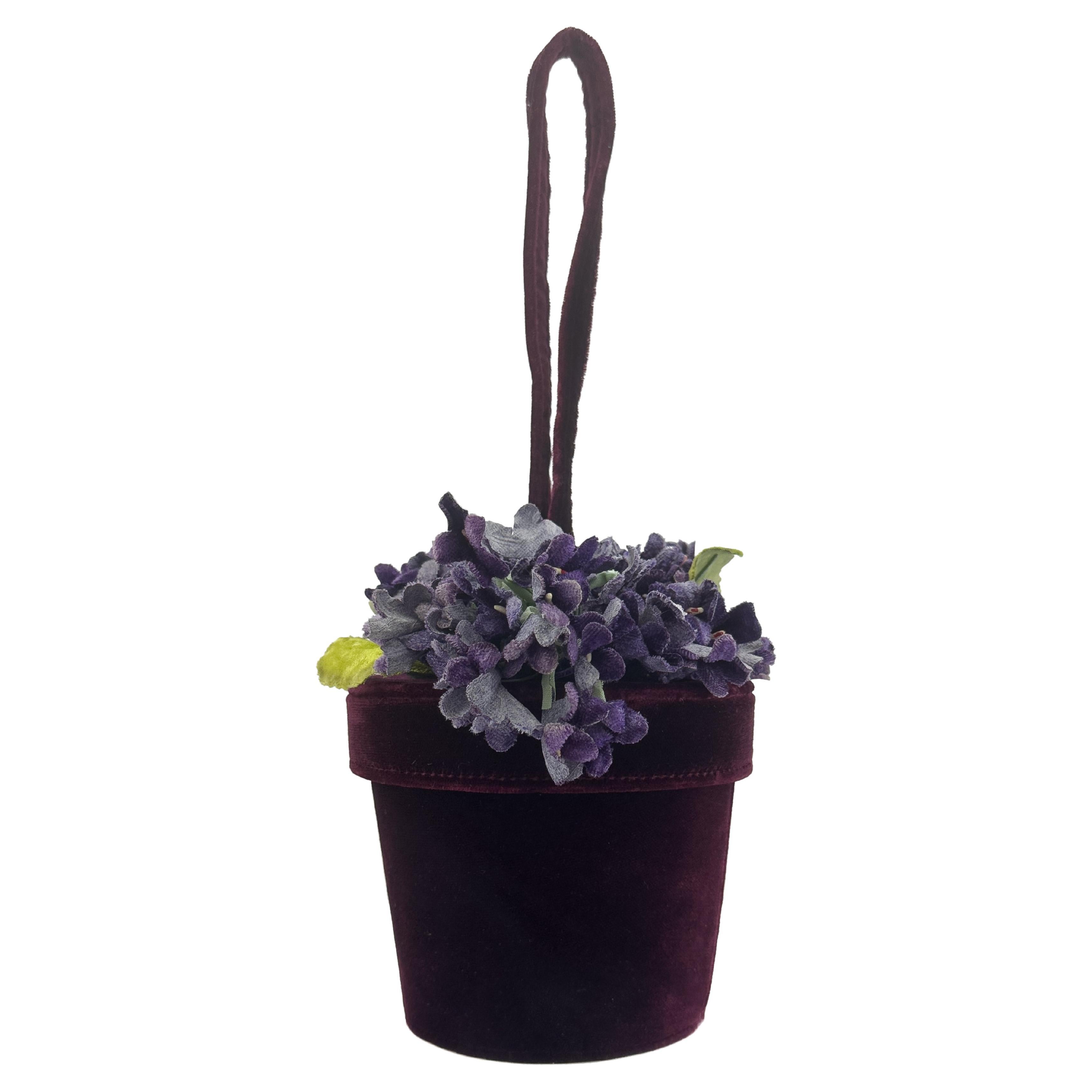 Lulu Guinness 1996 Documented Velvet Violet Flower Pot Bag